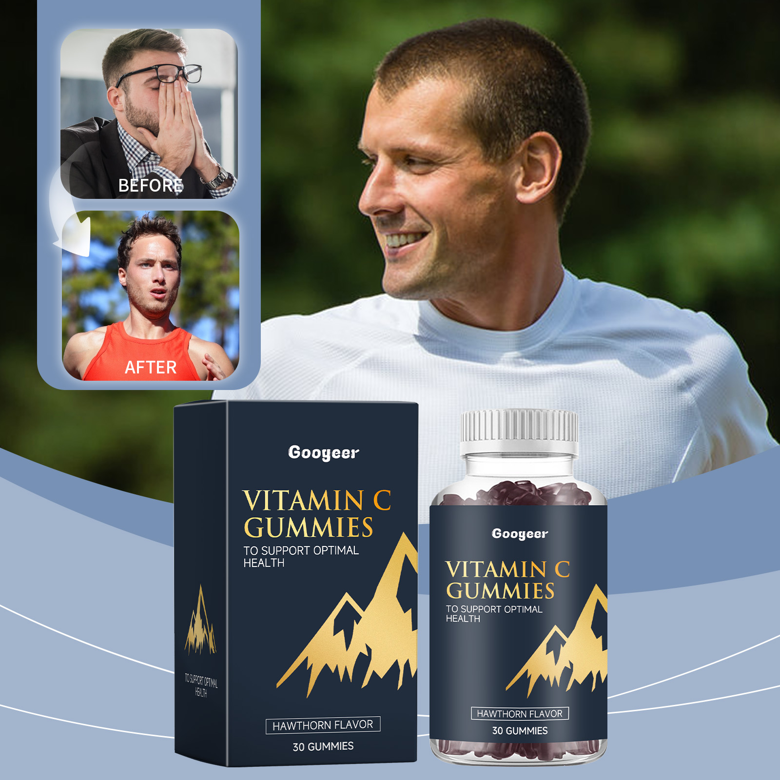 Vitamin gummies packaging in bright outdoor setting