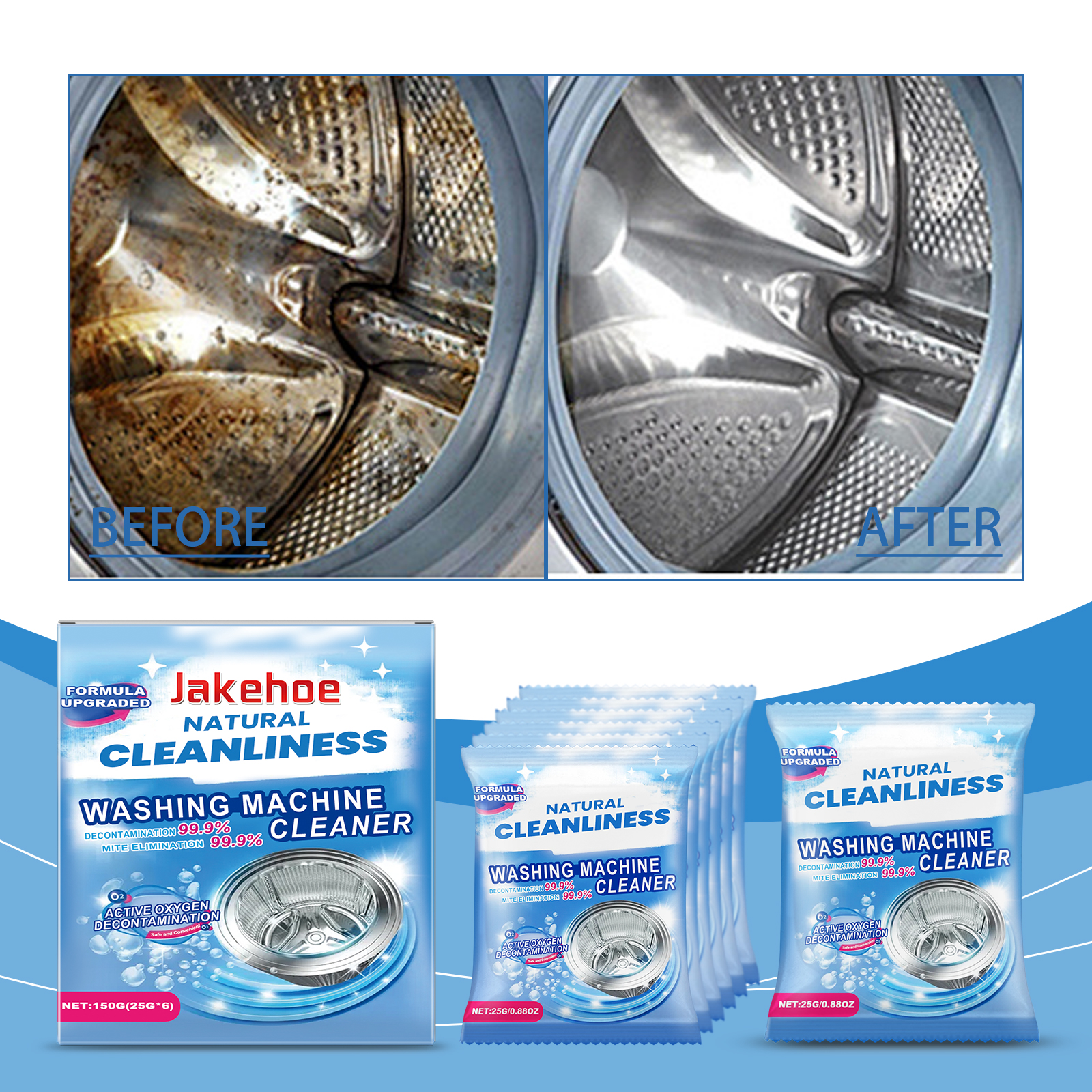 Stained washer drum beside bright clean drum