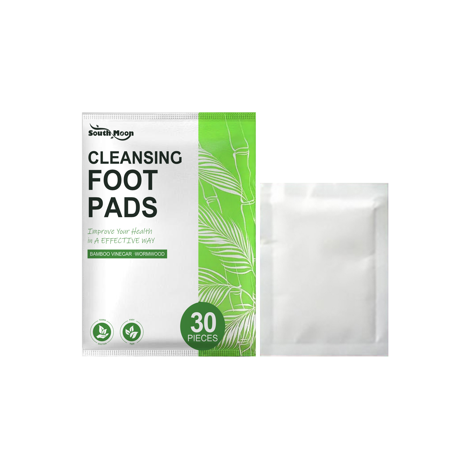 Individual sealed sachet of foot pad shown next to larger box with ingredient text