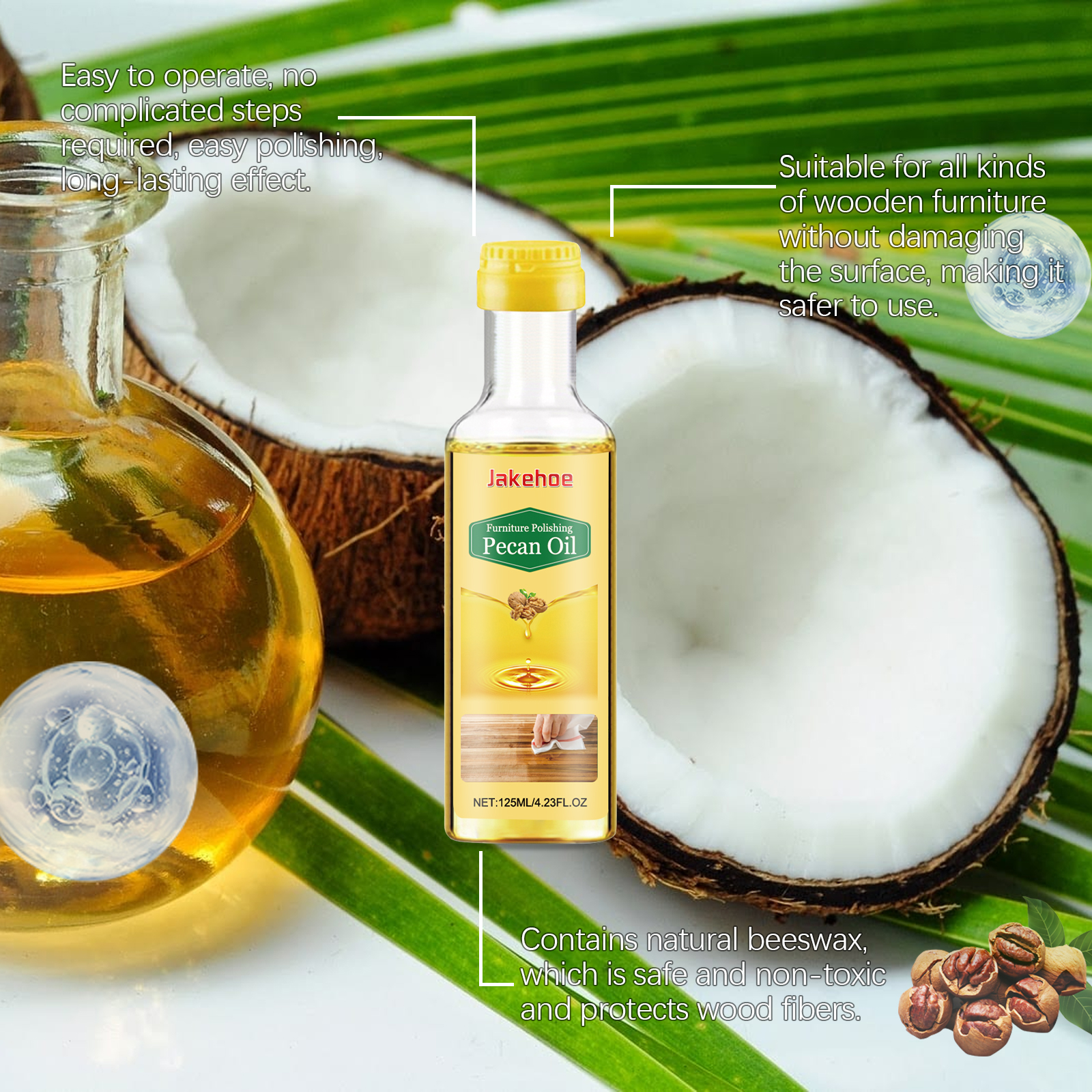 Furniture polish bottle with natural beeswax information
