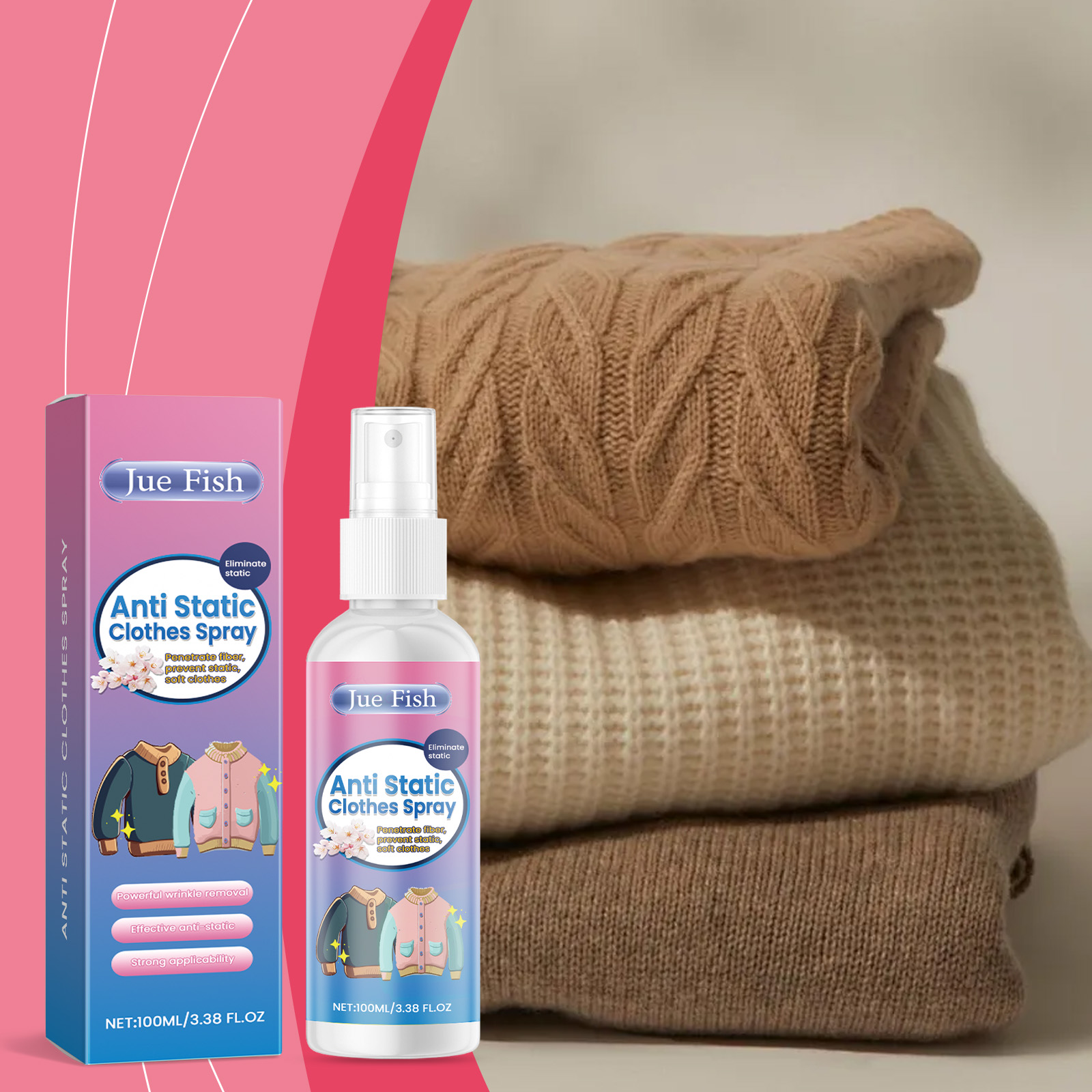 Clothing spray next to folded knitwear for daily care
