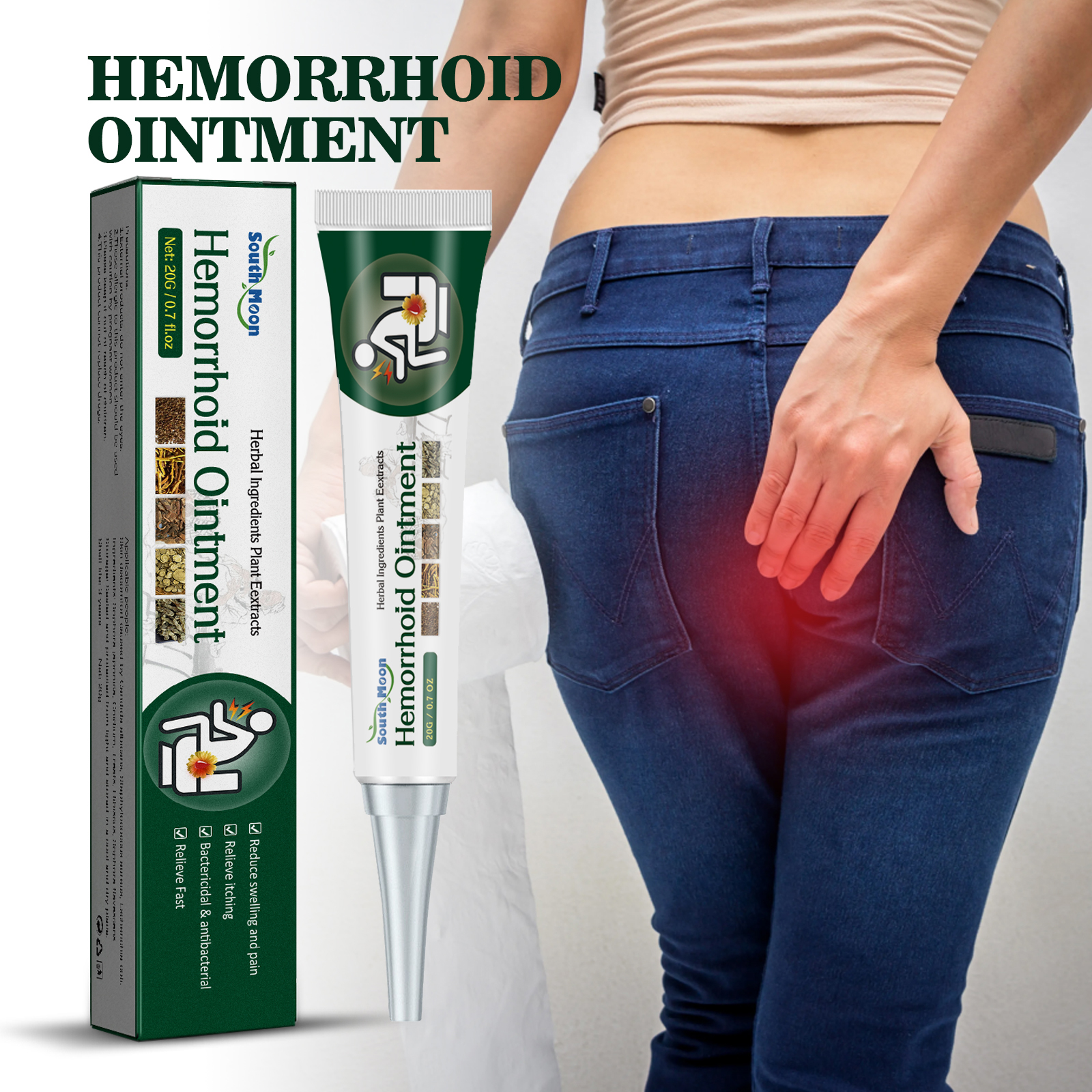 Hemorrhoid ointment shown beside seated user