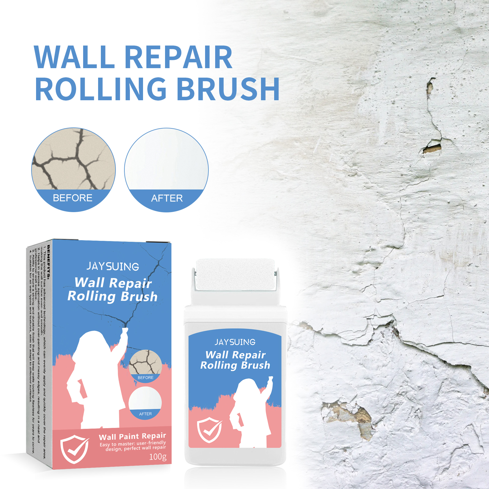 Rolling brush beside before-and-after wall repair circles