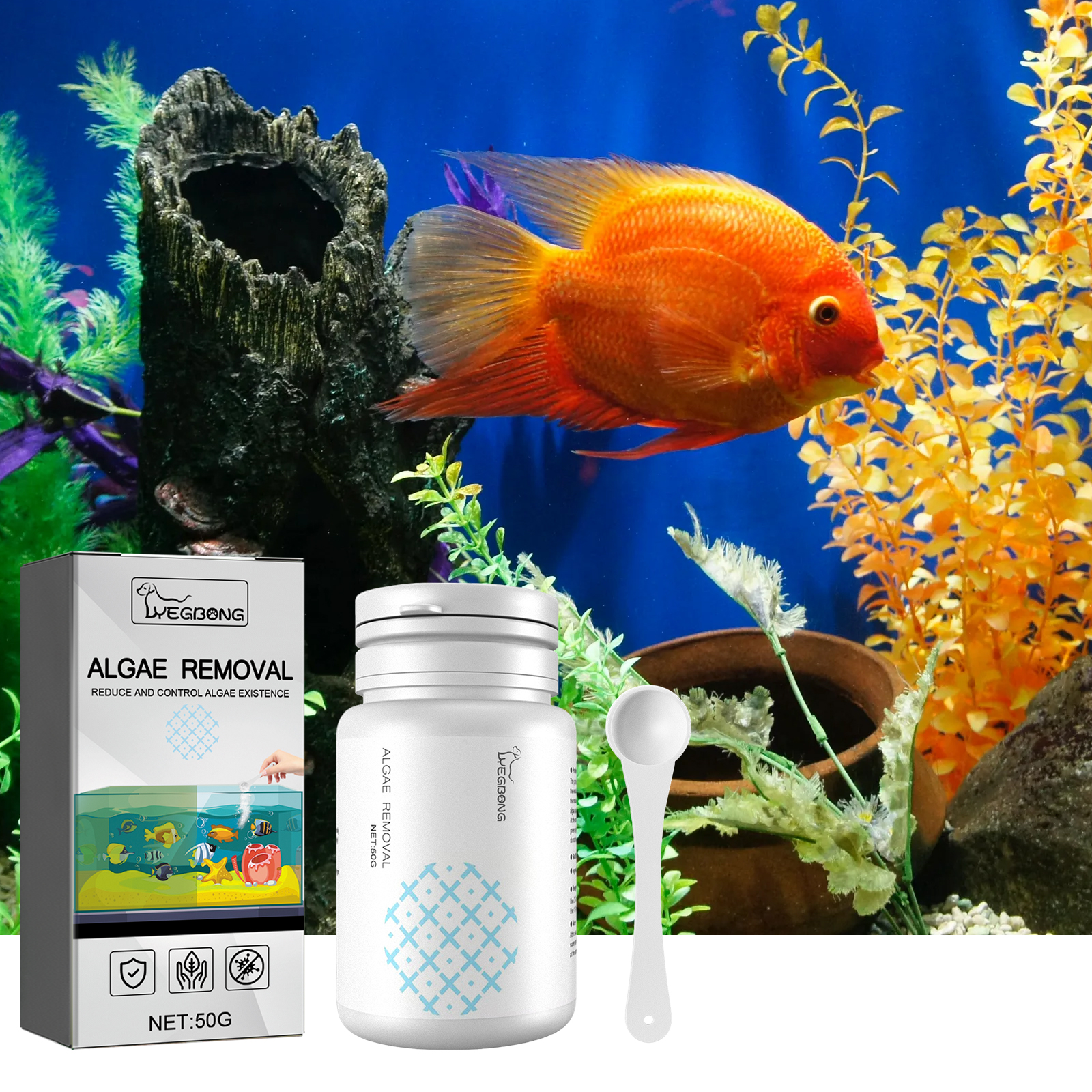 Aquarium treatment beside colorful fish tank with plants