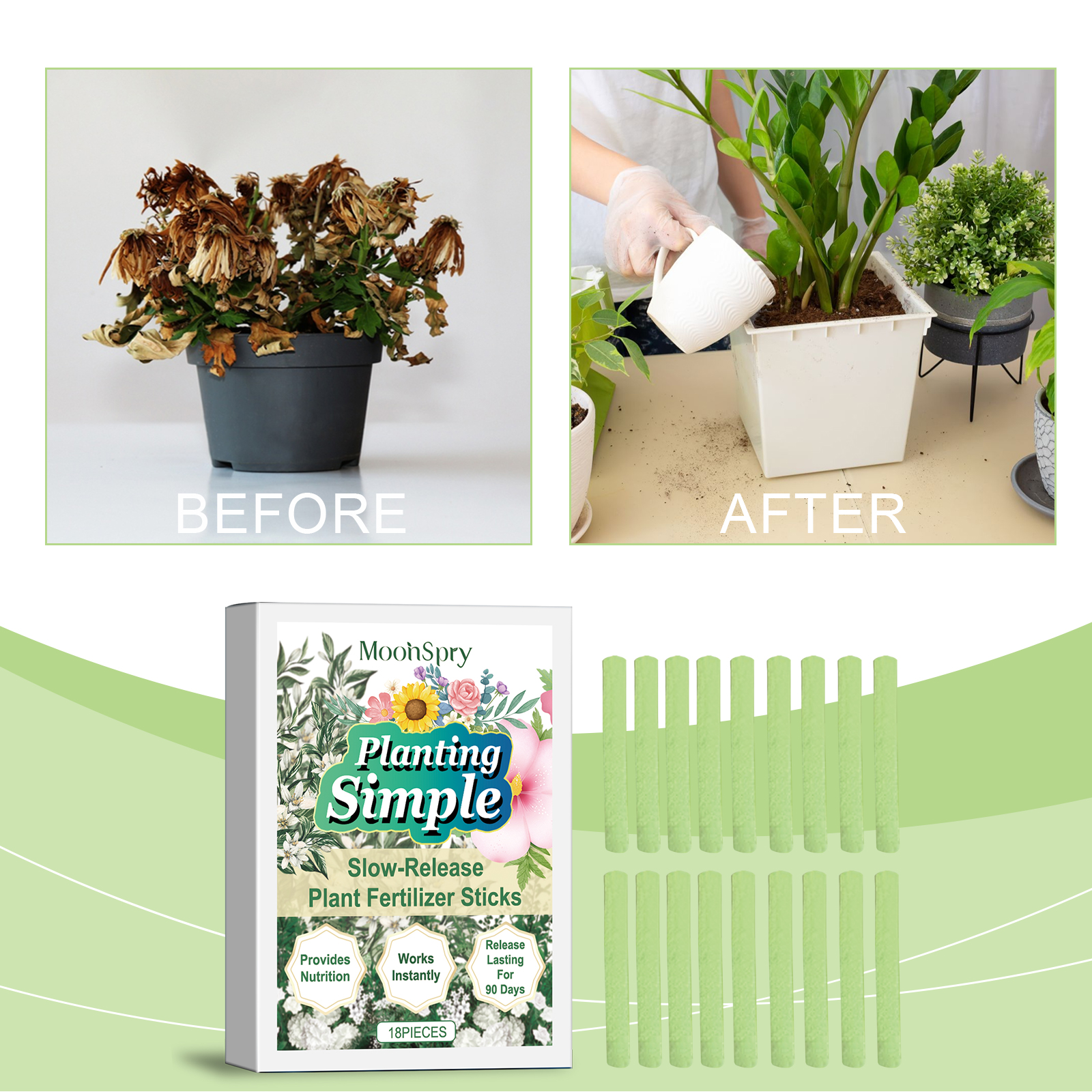 Fertilizer sticks shown beside potted plant soil