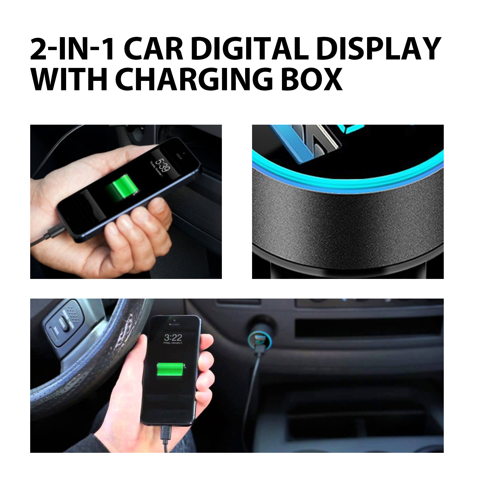 Digital battery indicator on cyan ringed car charger