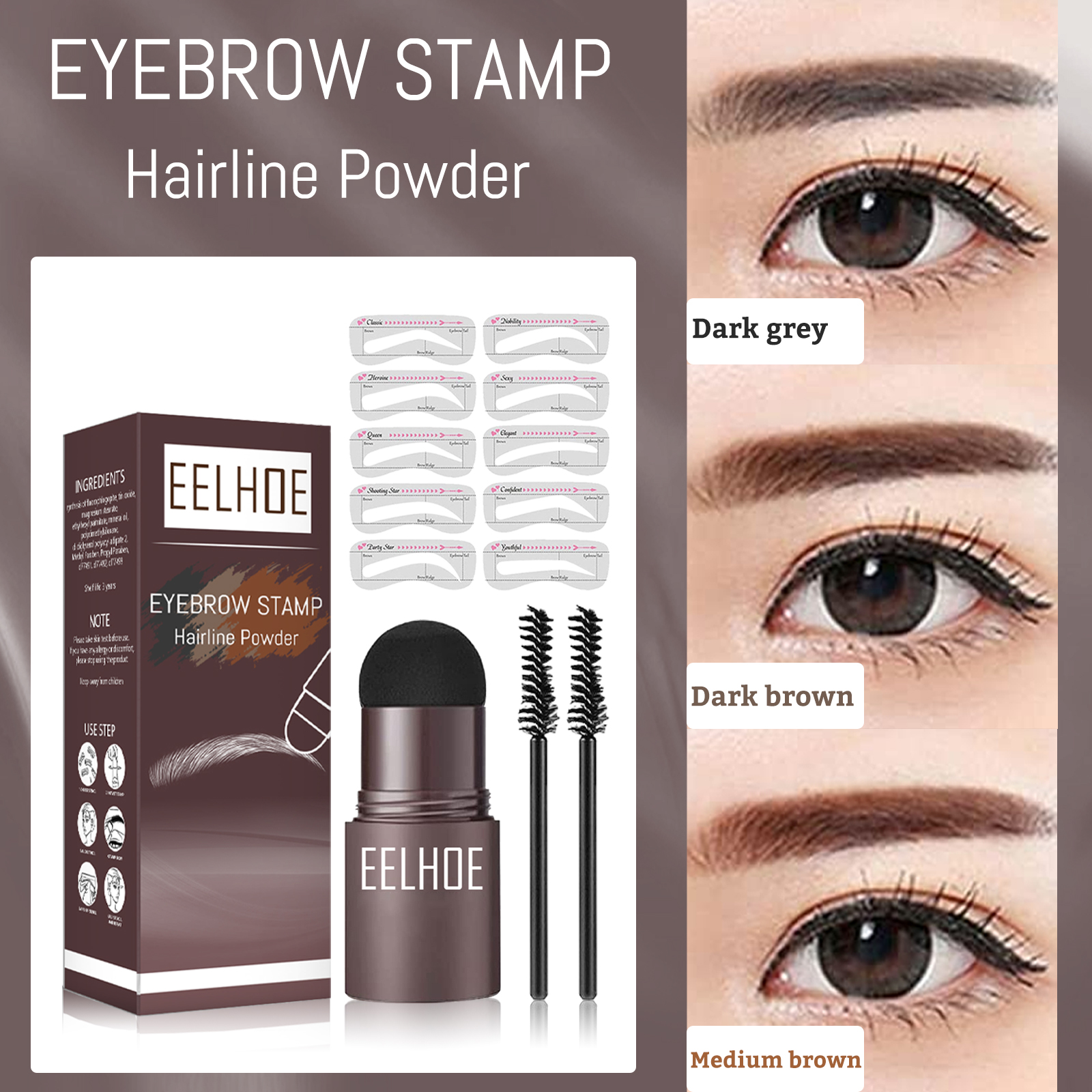 Eyebrow stamp shades showing dark grey brown and medium brown