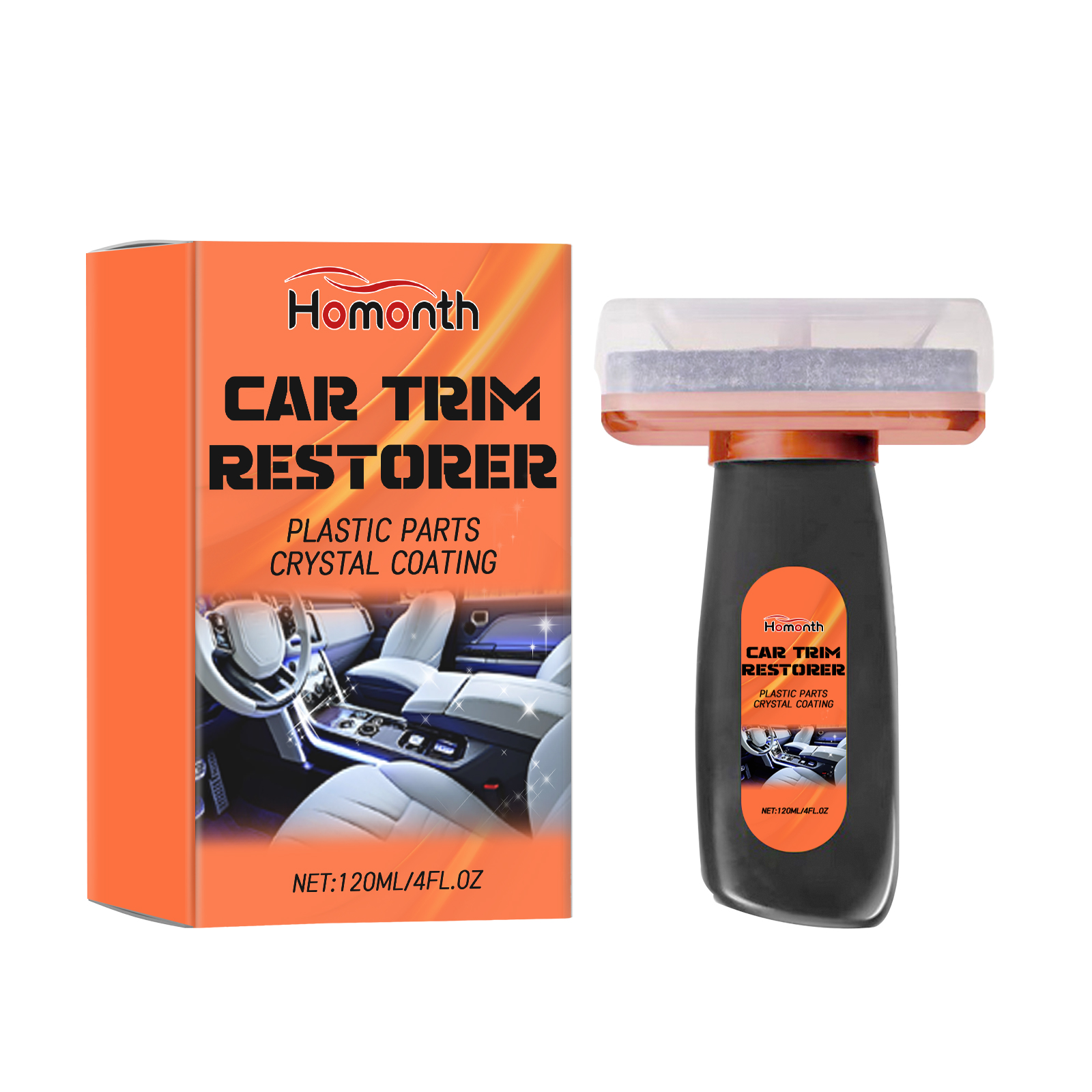 Packaged black bottle and orange trim restorer box