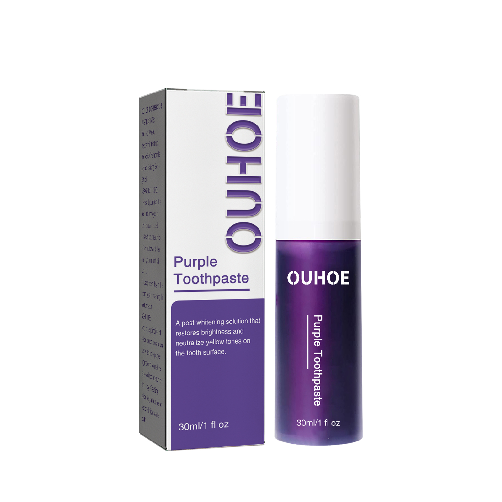 Purple toothpaste packaging with white cap and carton