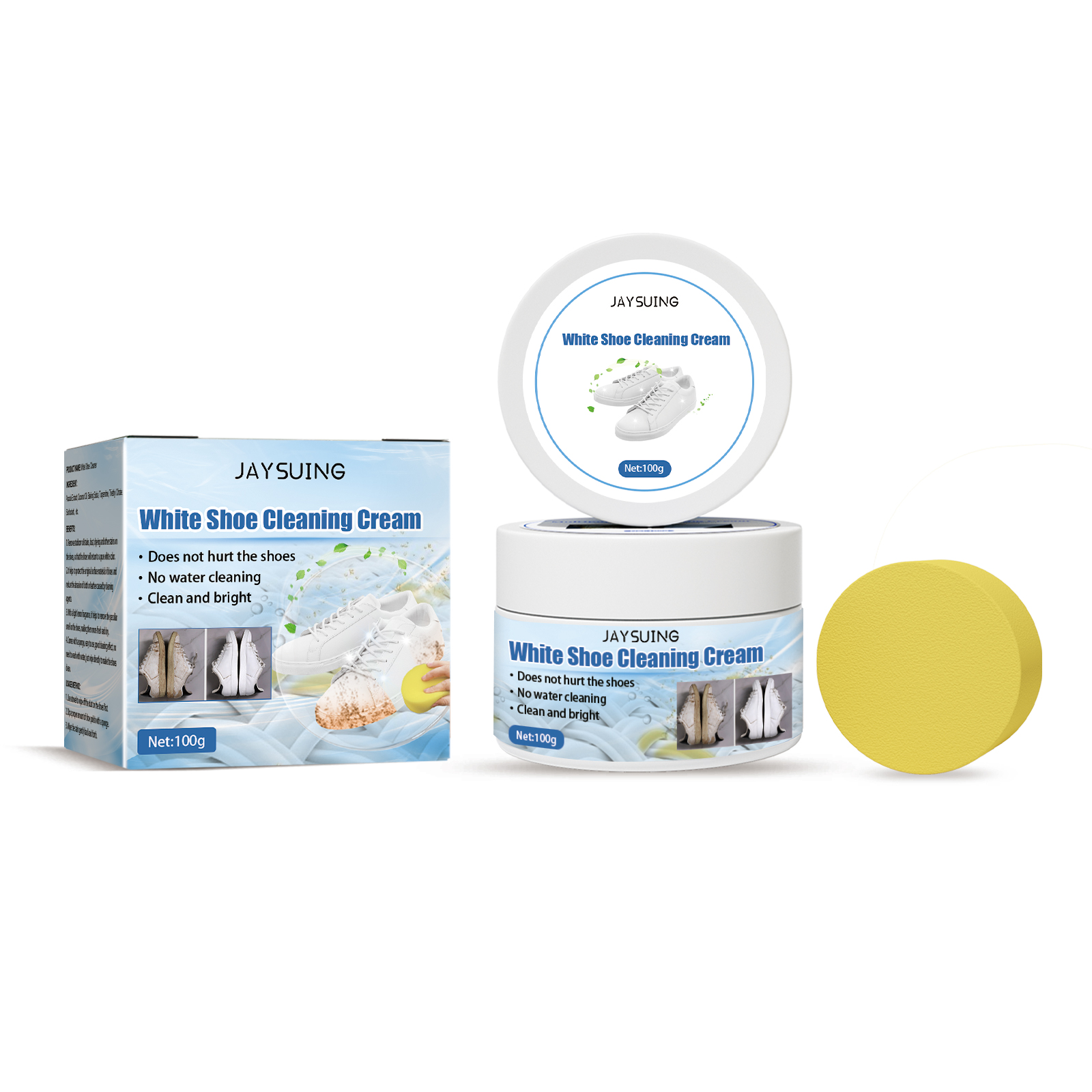 Compact white cream jar with box and yellow sponge