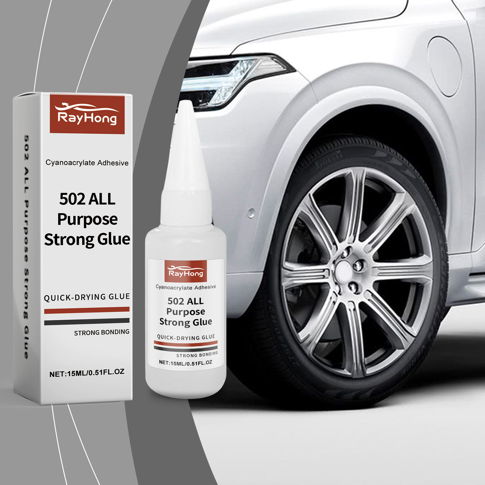 Compact tire adhesive beside vehicle wheel