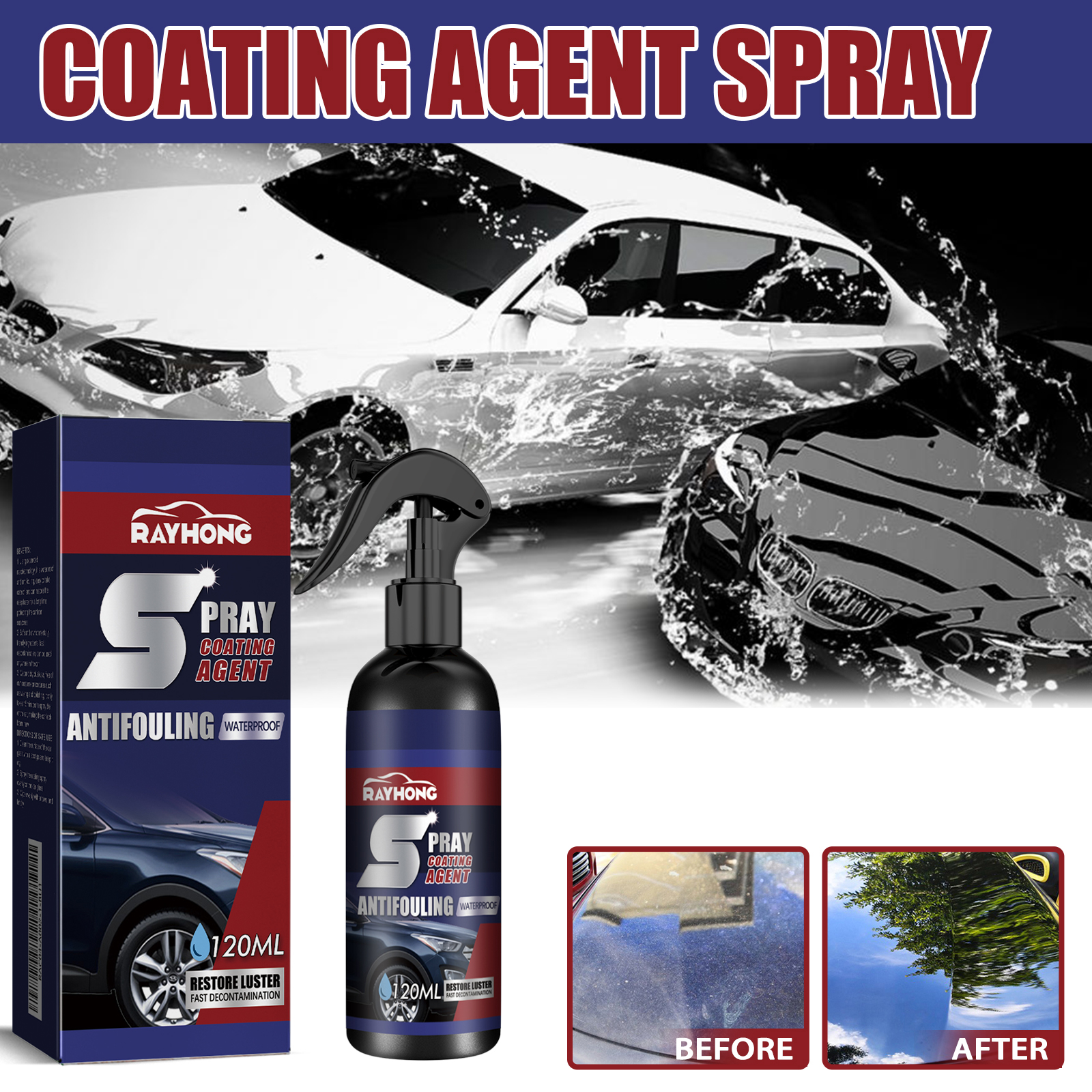 Coating spray beside water-covered vehicle exterior