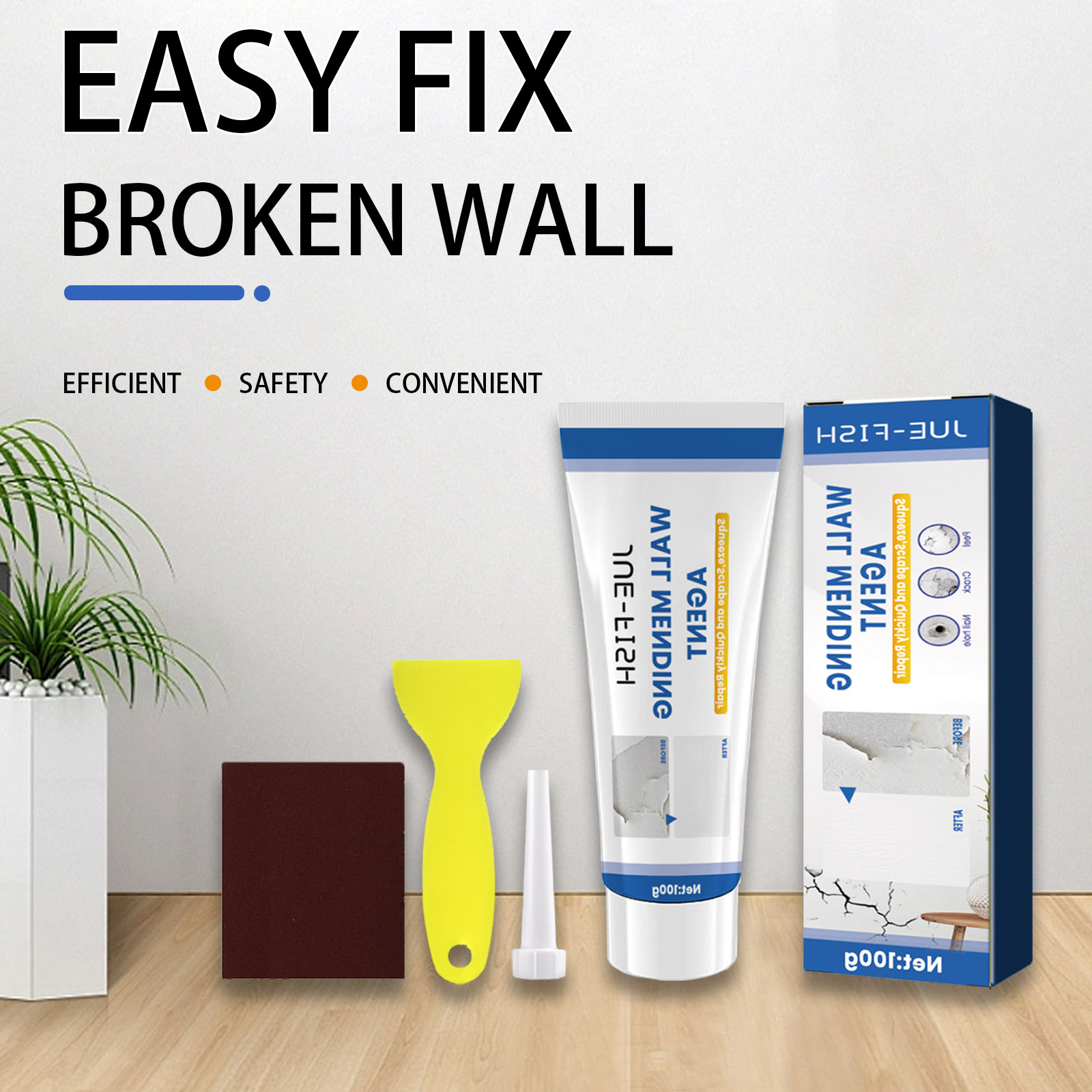 Compact wall repair kit staged in a bright room