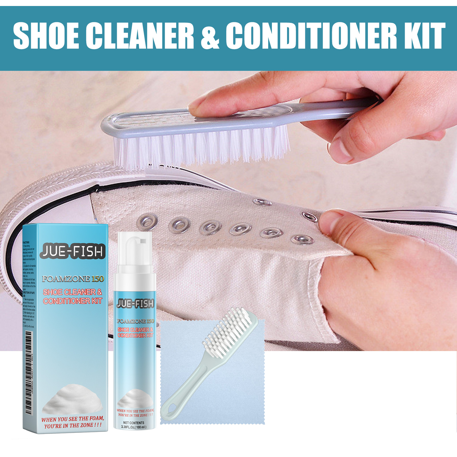 Brush cleaning white sneaker with shoe cleaner foam