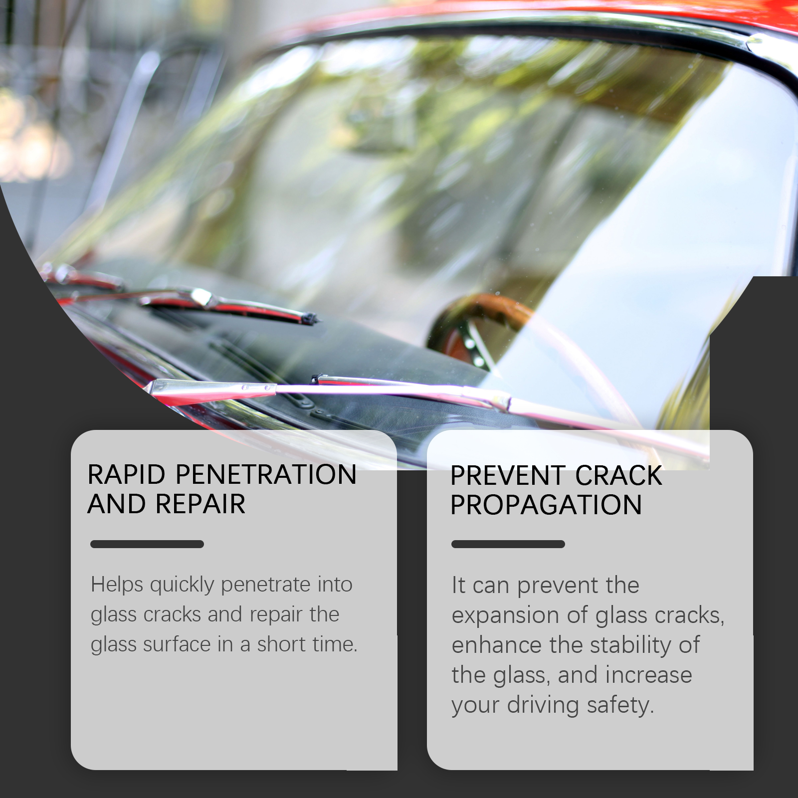 Close detail of compact windshield repair bottle and applicator