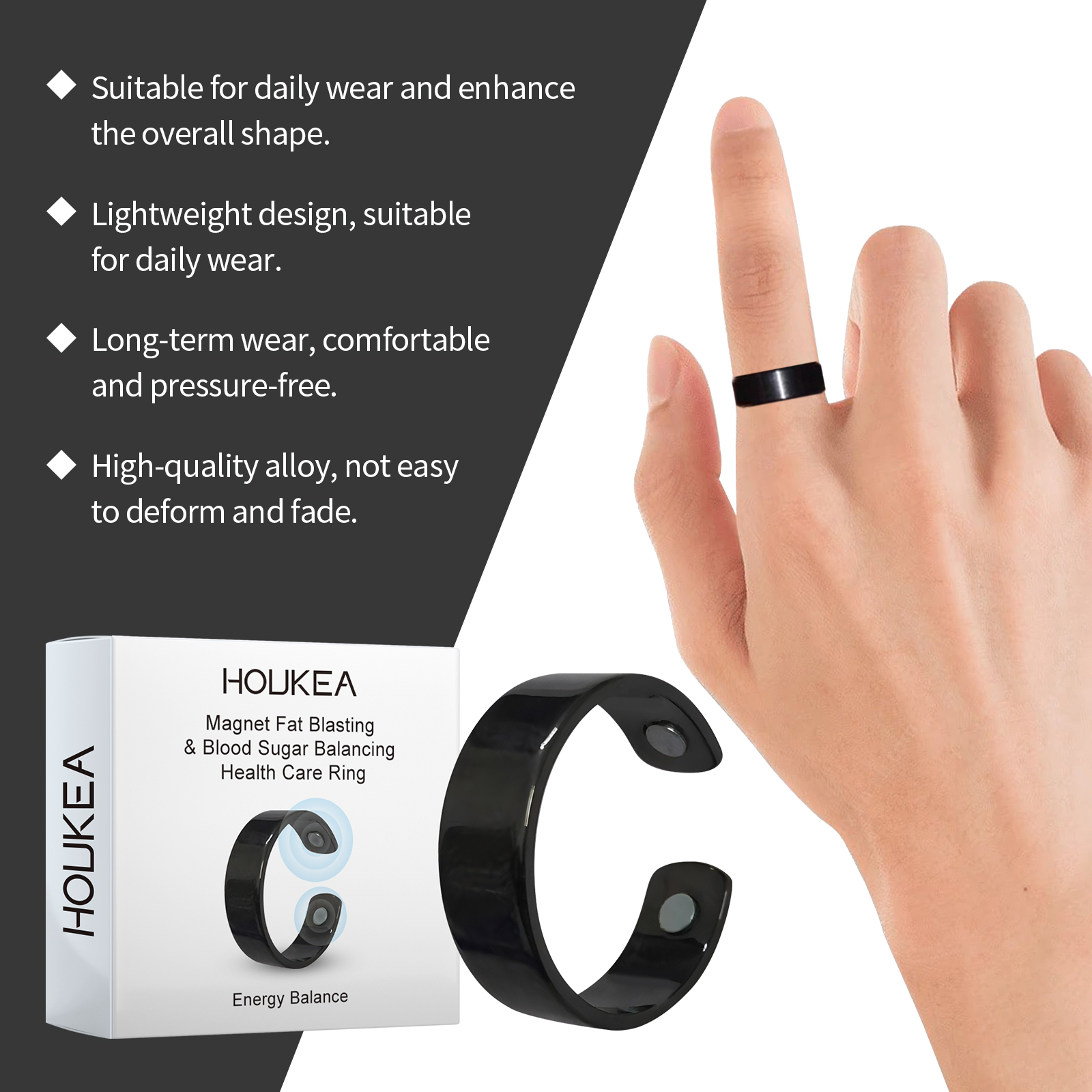 Glossy black ring showing circular magnetic inserts