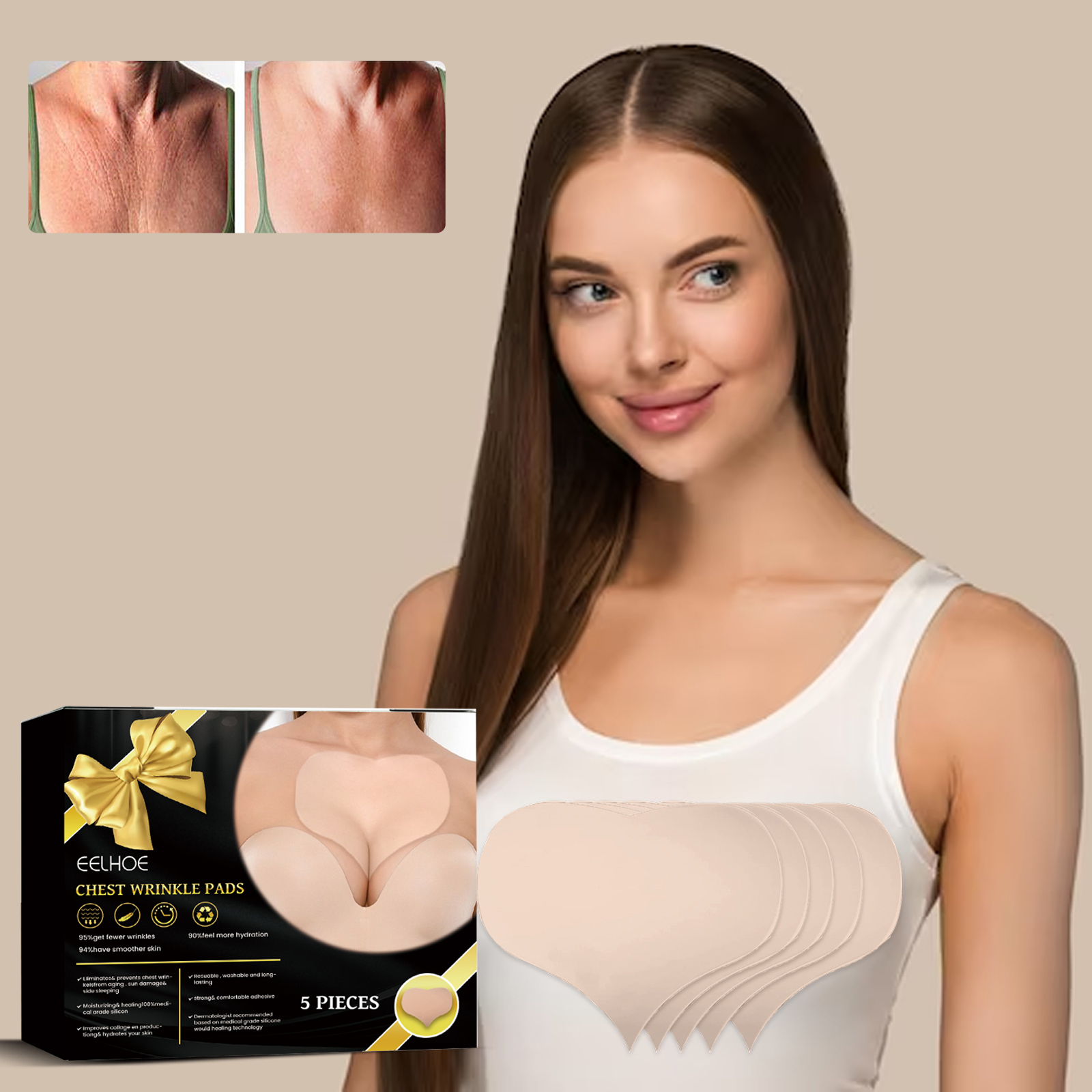 Nude chest patch positioned under a white top