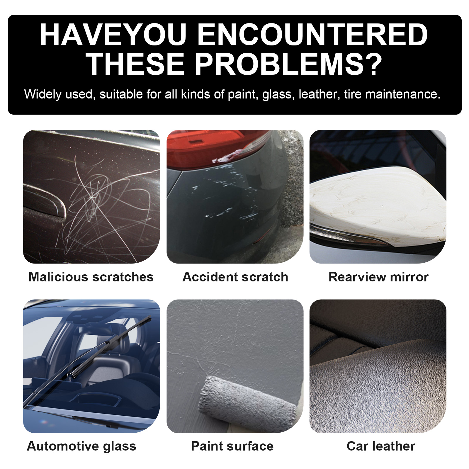 Automotive scratch problems across paint, glass, and leather