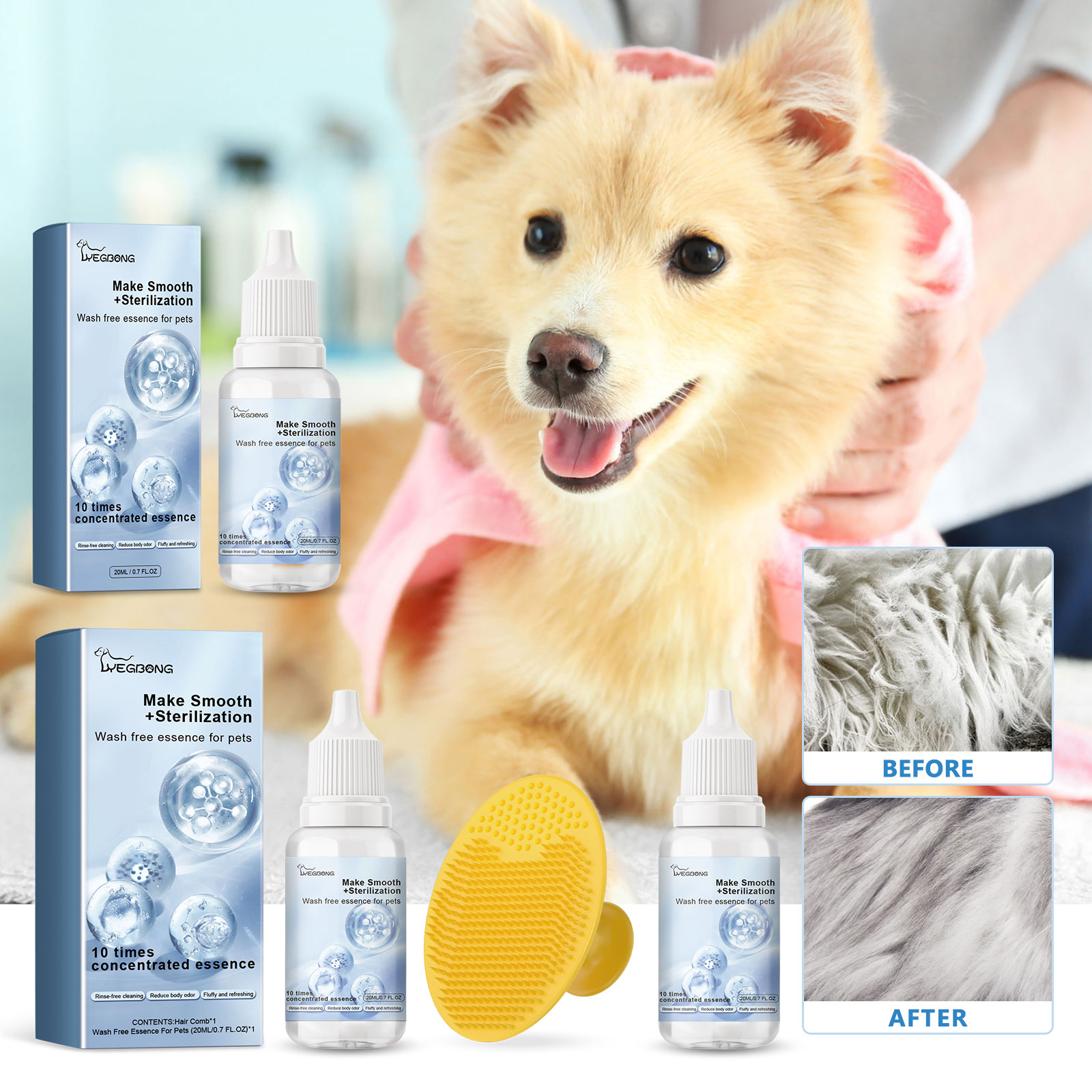 Dog being groomed beside smoother coat panels