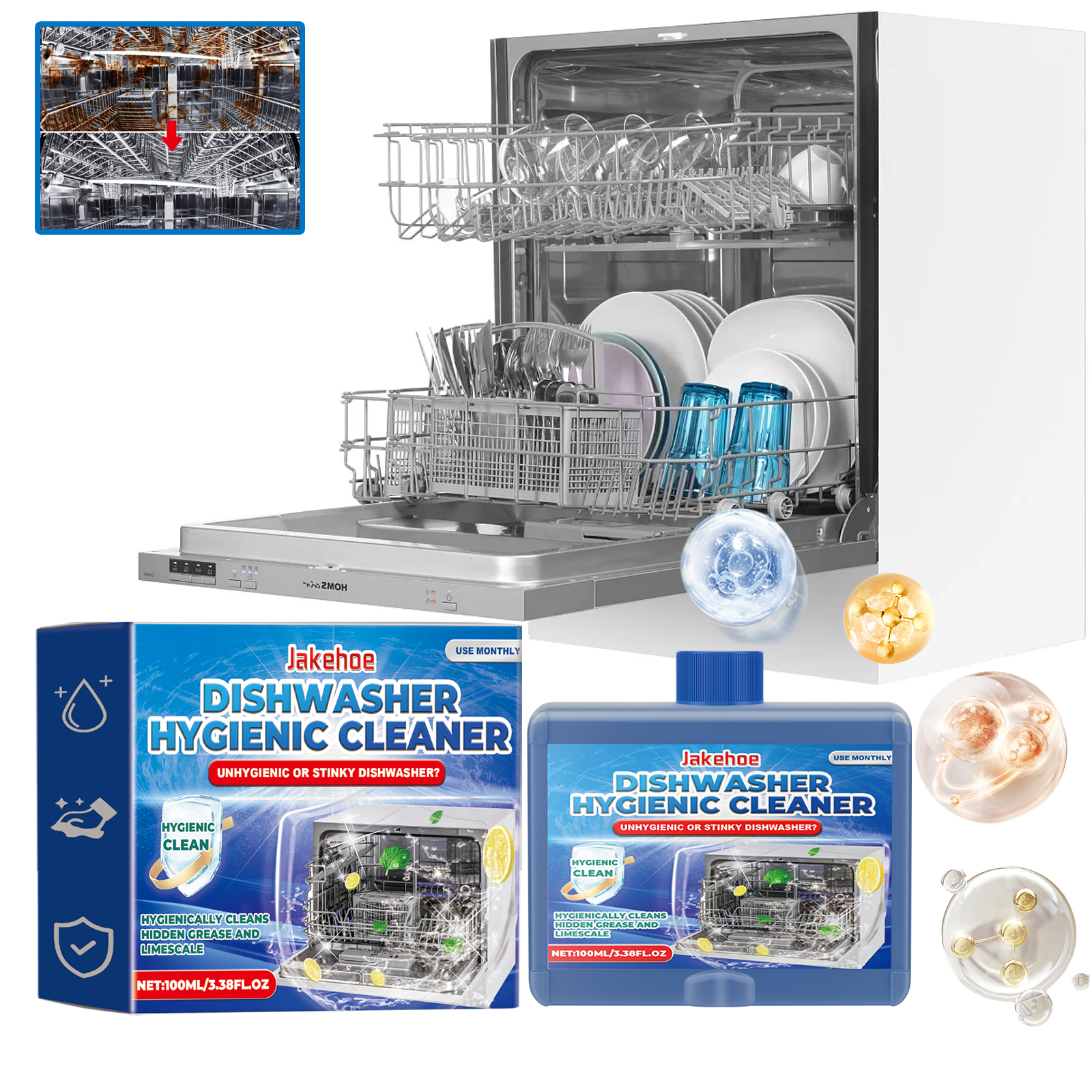 Dishwasher interior shown with cleaner product