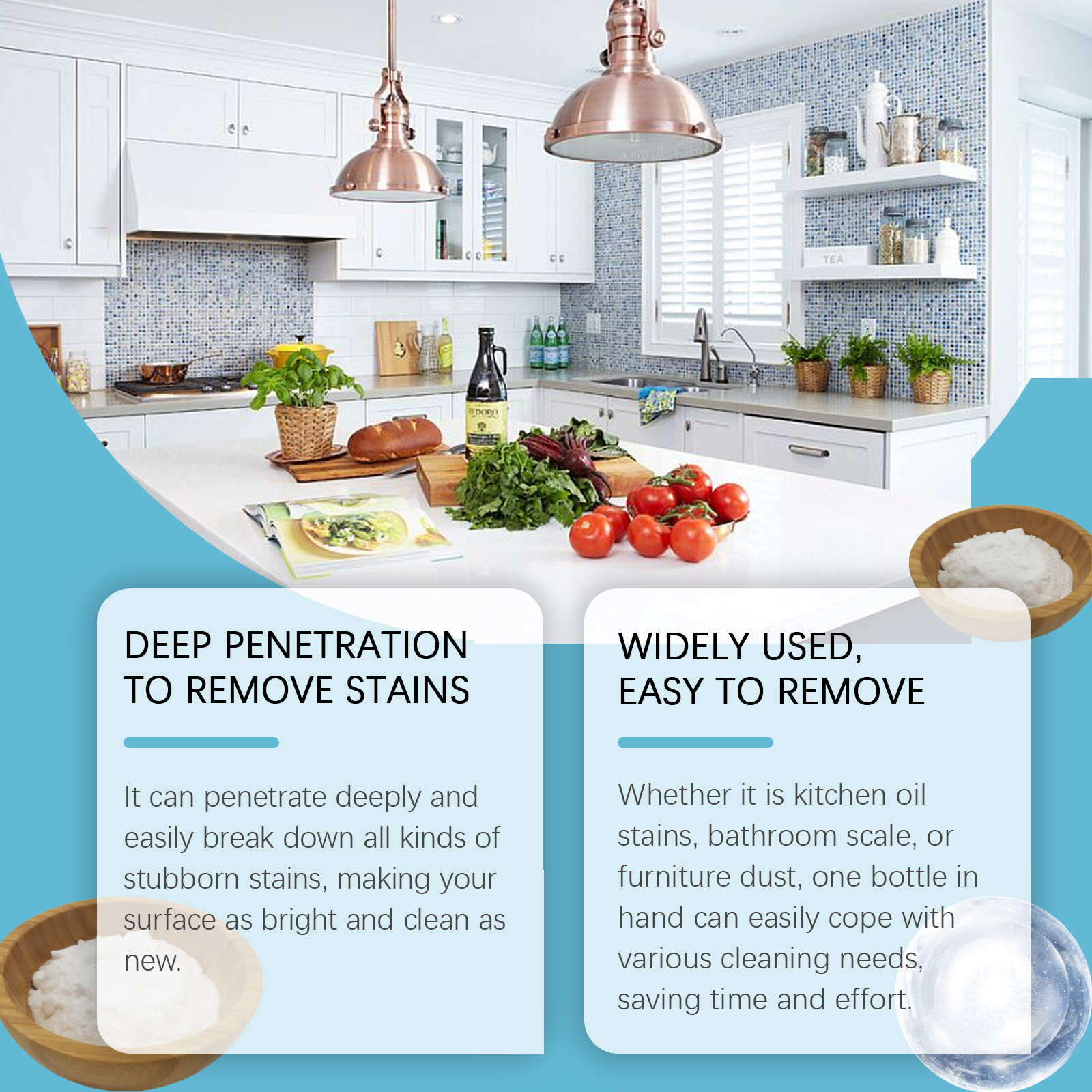 Household foam cleaner presented in bright kitchen