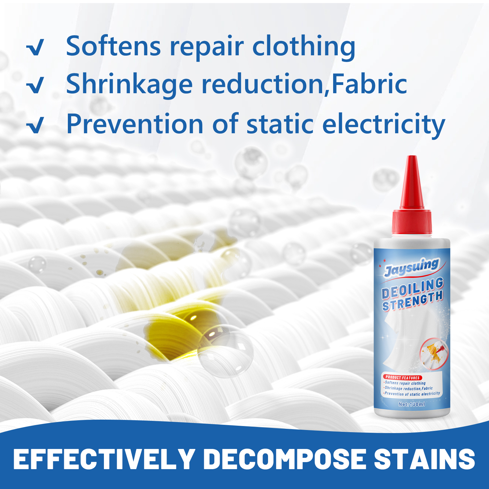 Blue clothing cleaner packaging with fabric care claims
