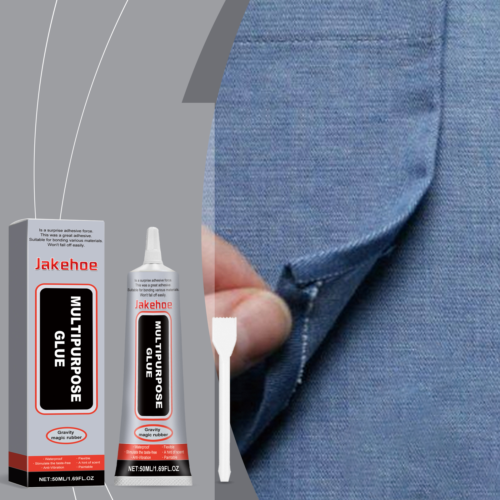 Waterproof adhesive repair on blue denim fabric