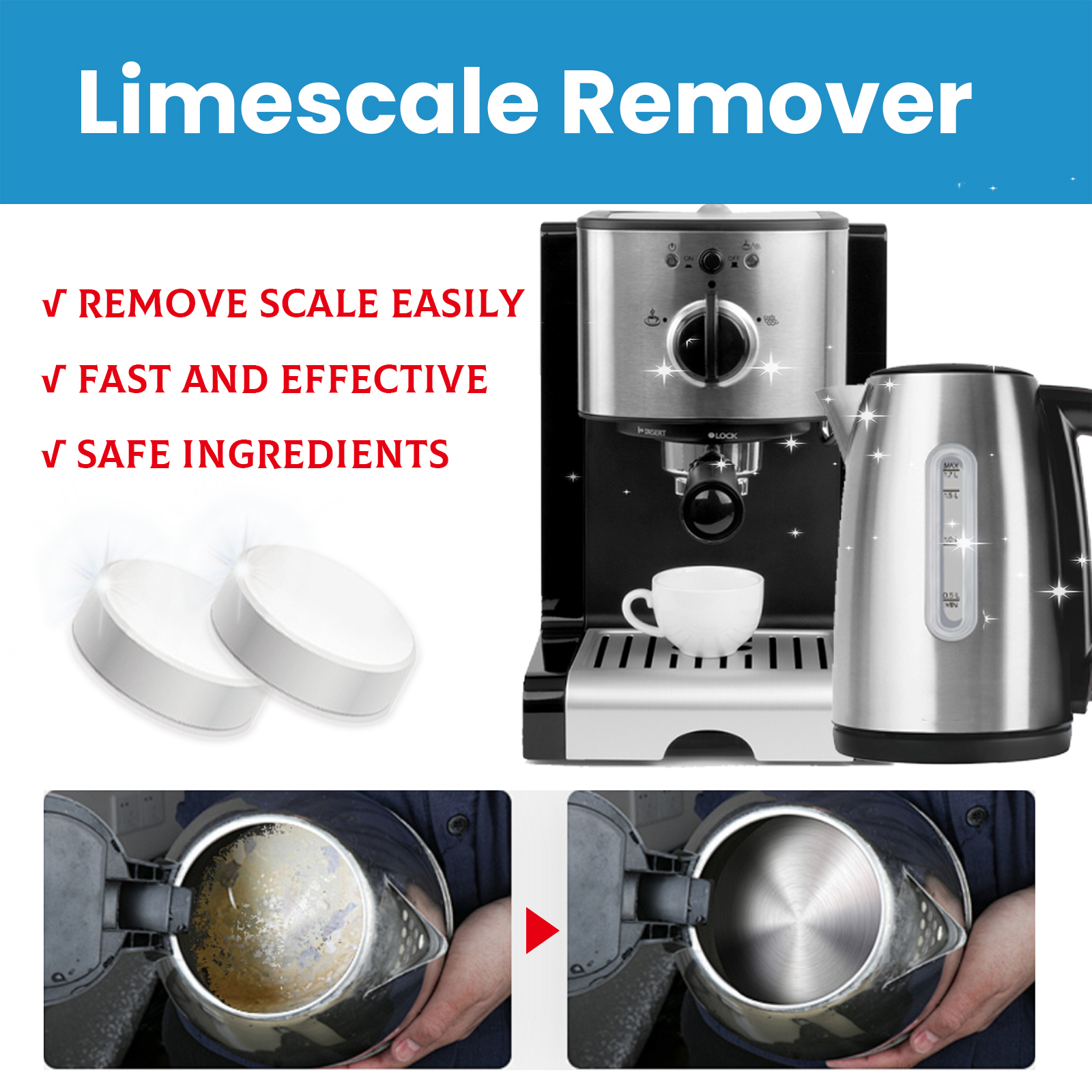 Before and after graphic showing scale removal result
