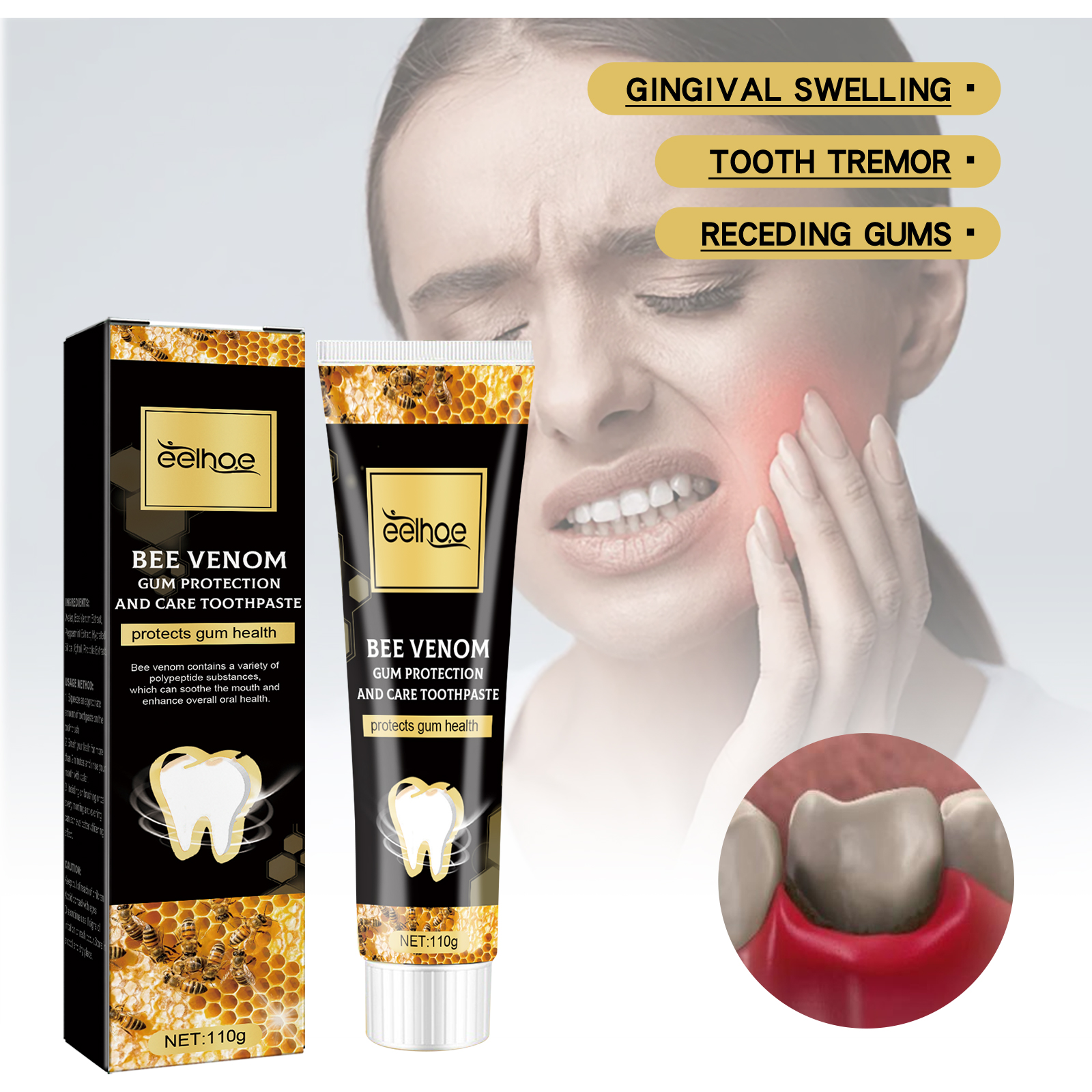 Bee venom toothpaste shown with gum-care graphic