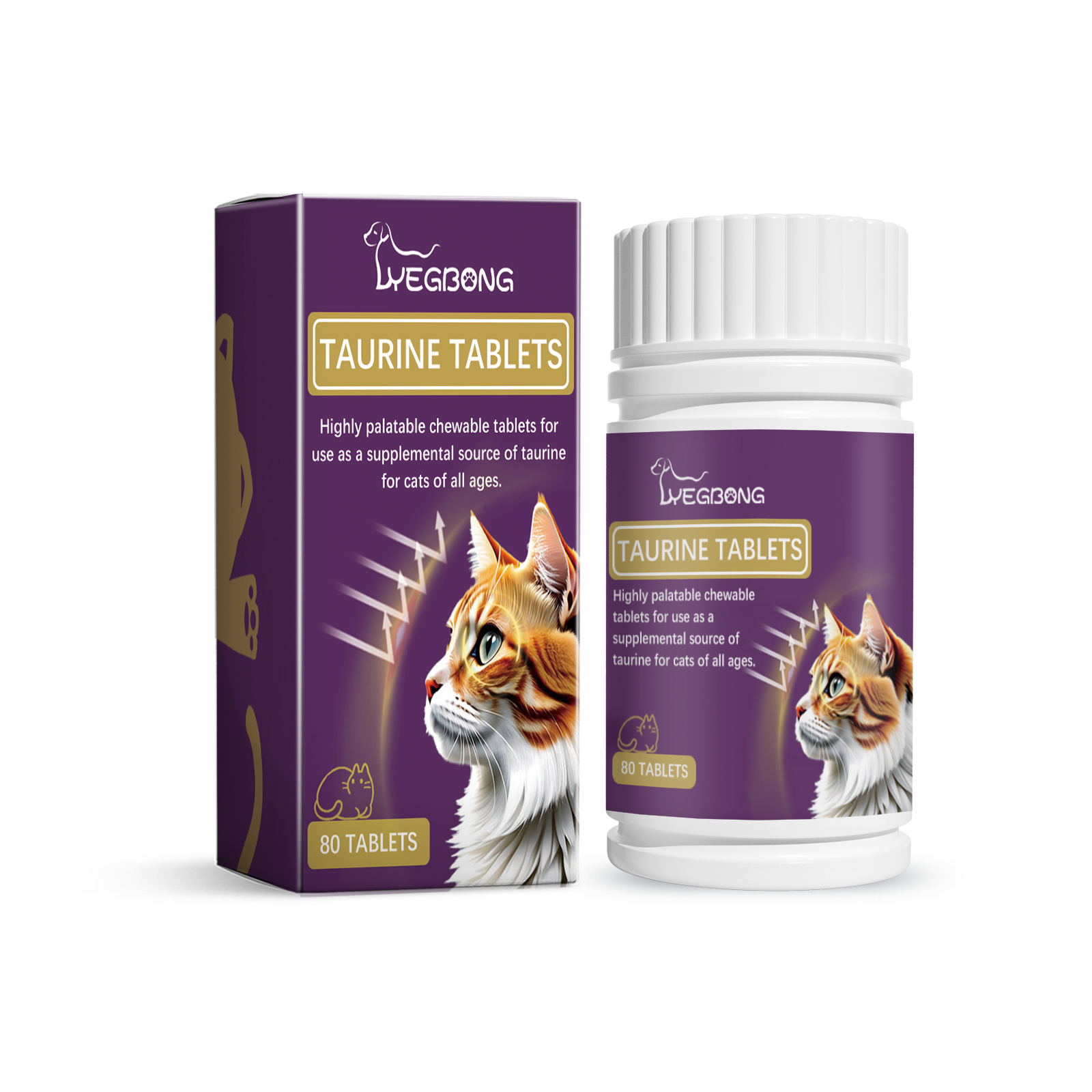 Compact taurine tablet bottle and printed cat supplement carton