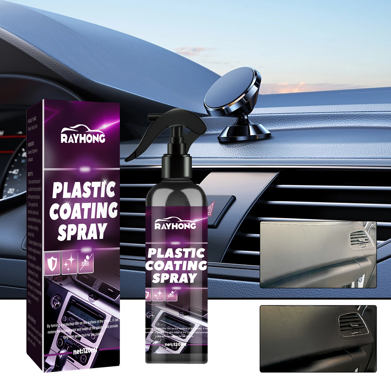Plastic spray shown beside automotive dashboard trim