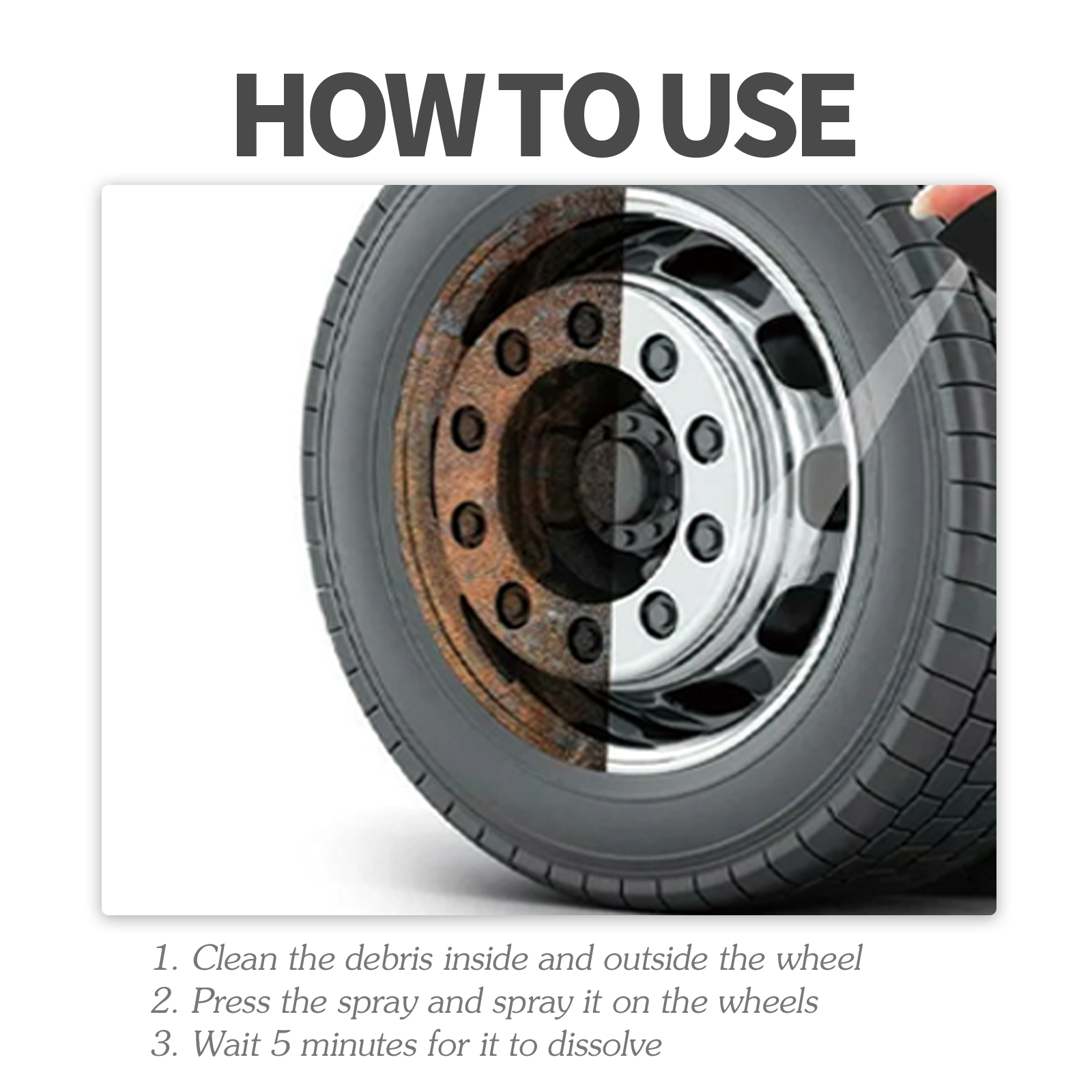 Three-step wheel cleaner spray and wait instructions