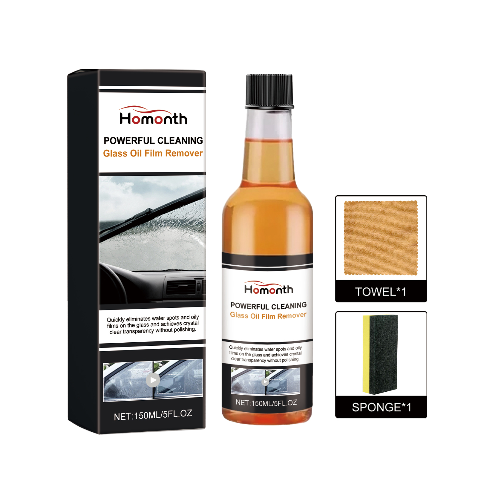 Glass oil film remover bottle label close-up