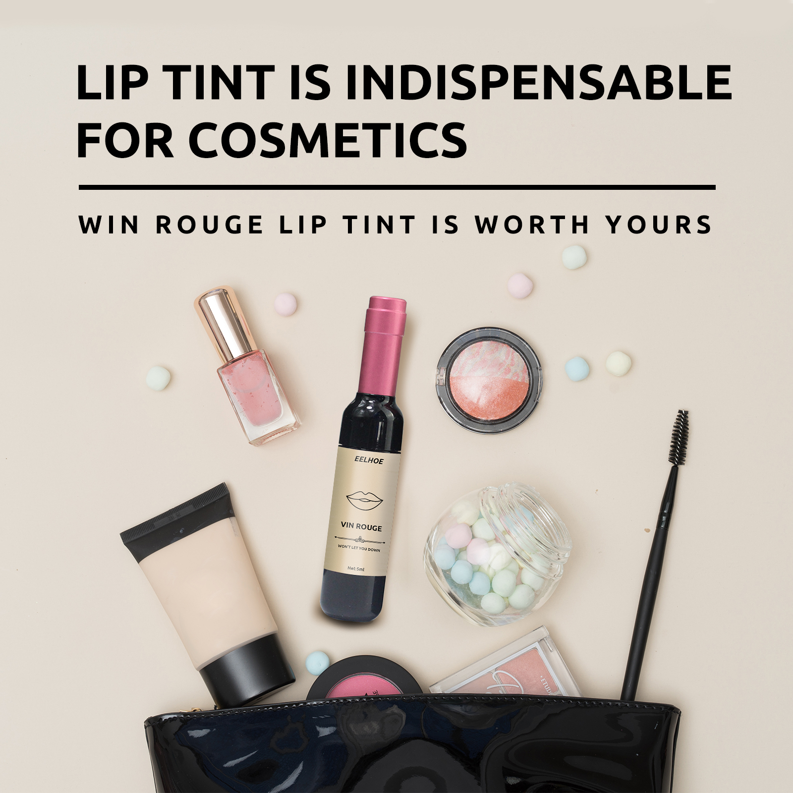 Wine-bottle-style lip tint among a portable makeup collection