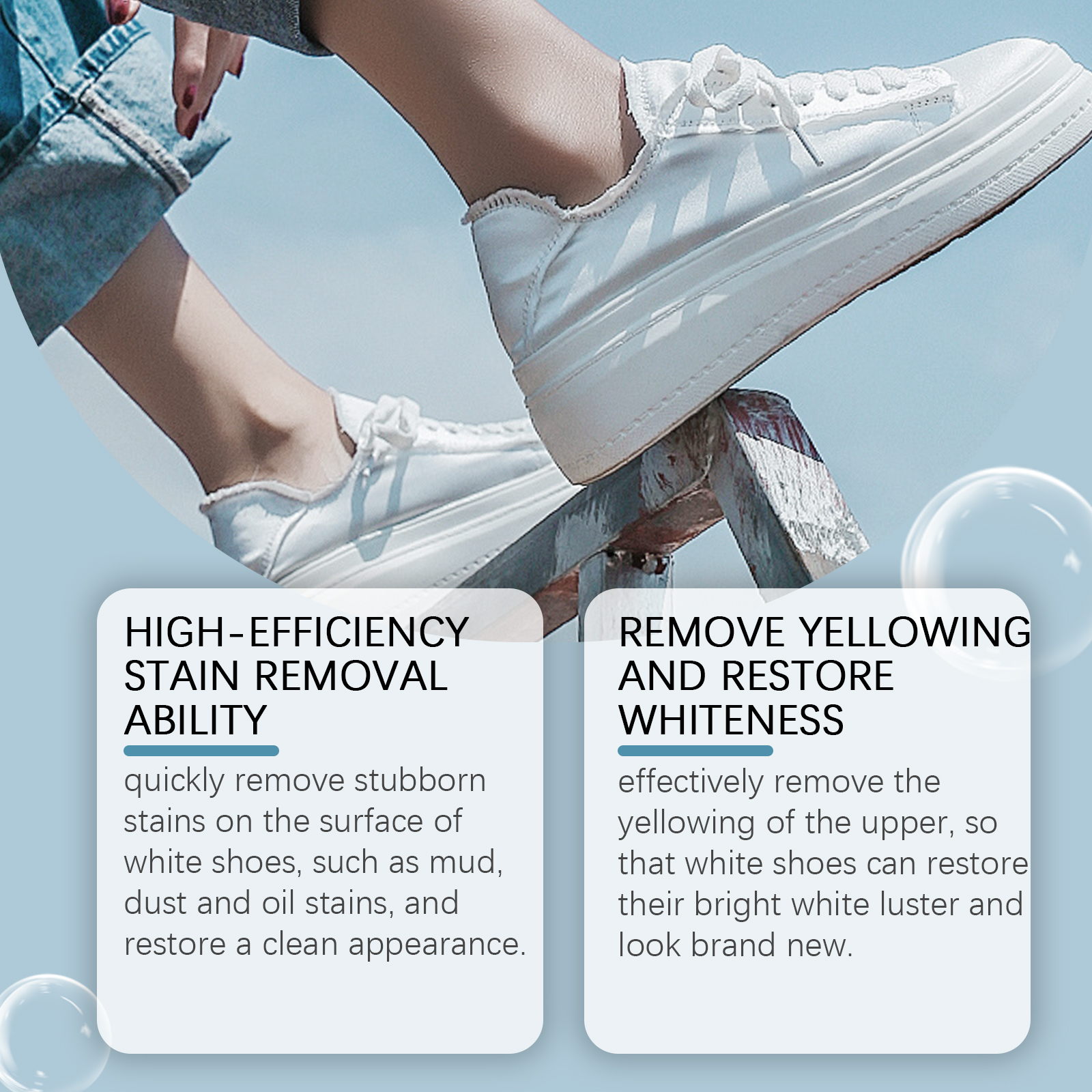 White sneakers shown with shoe cleaning product claims