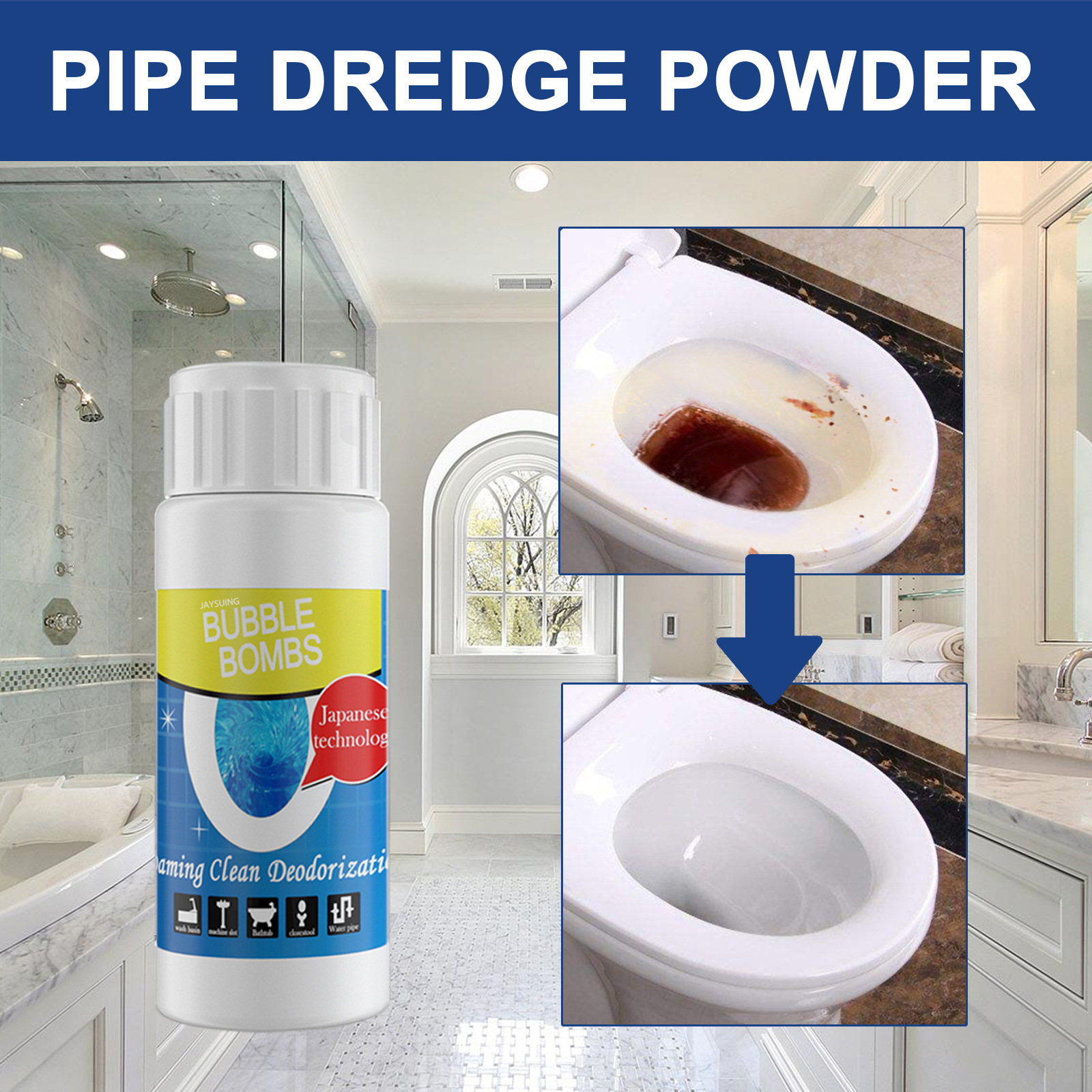 Pipe powder bottle beside stained toilet before treatment