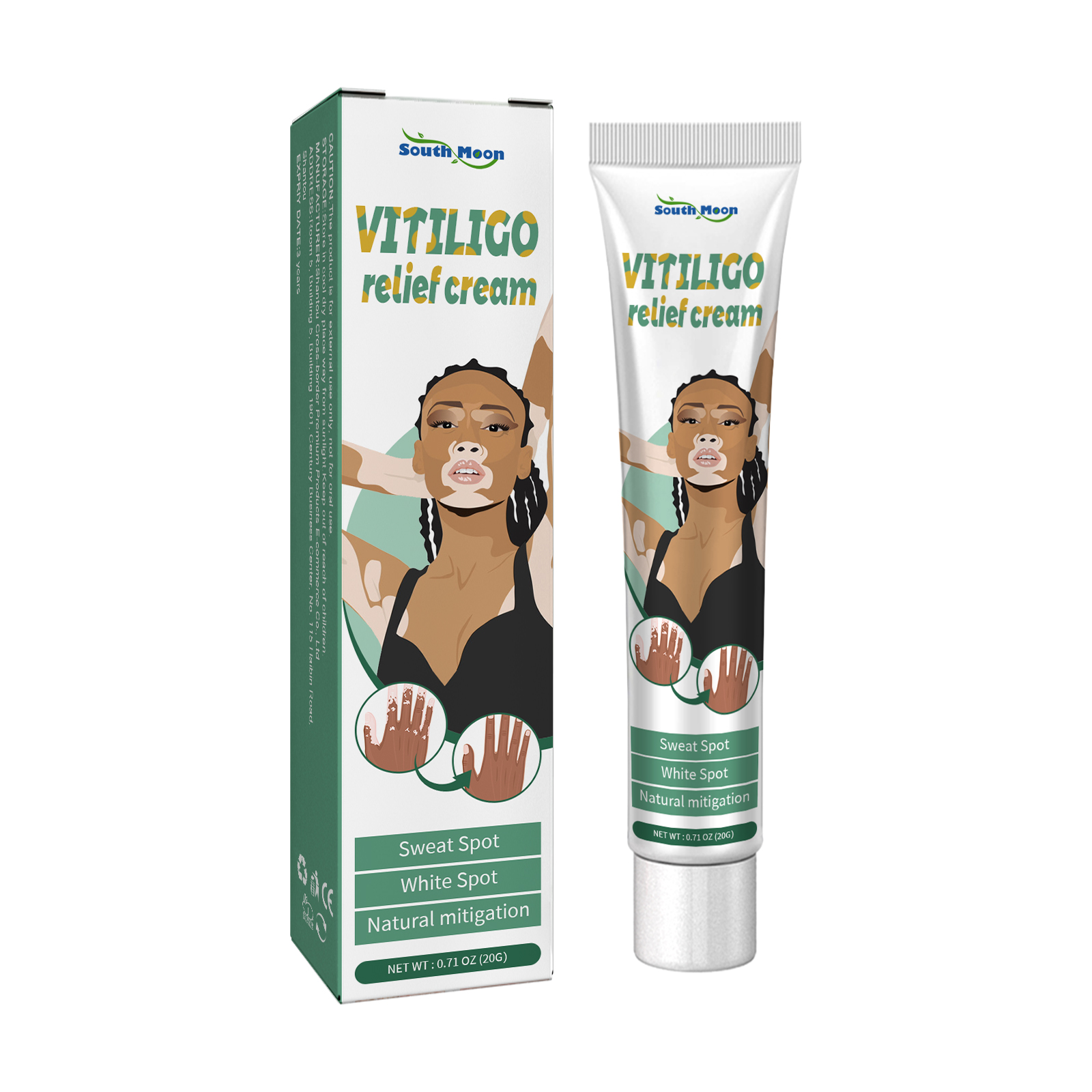 White squeeze tube and coordinated green carton