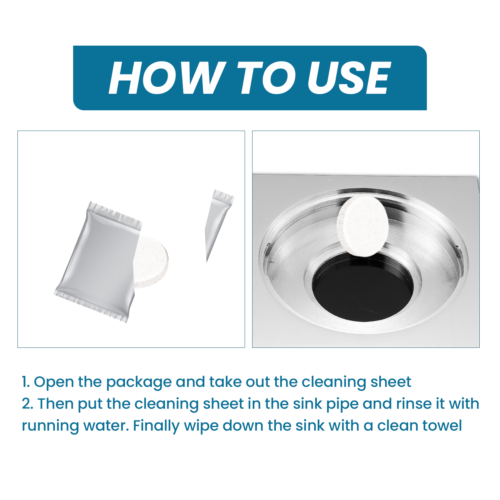 Tablet sachet next to a garbage disposal unit under sink