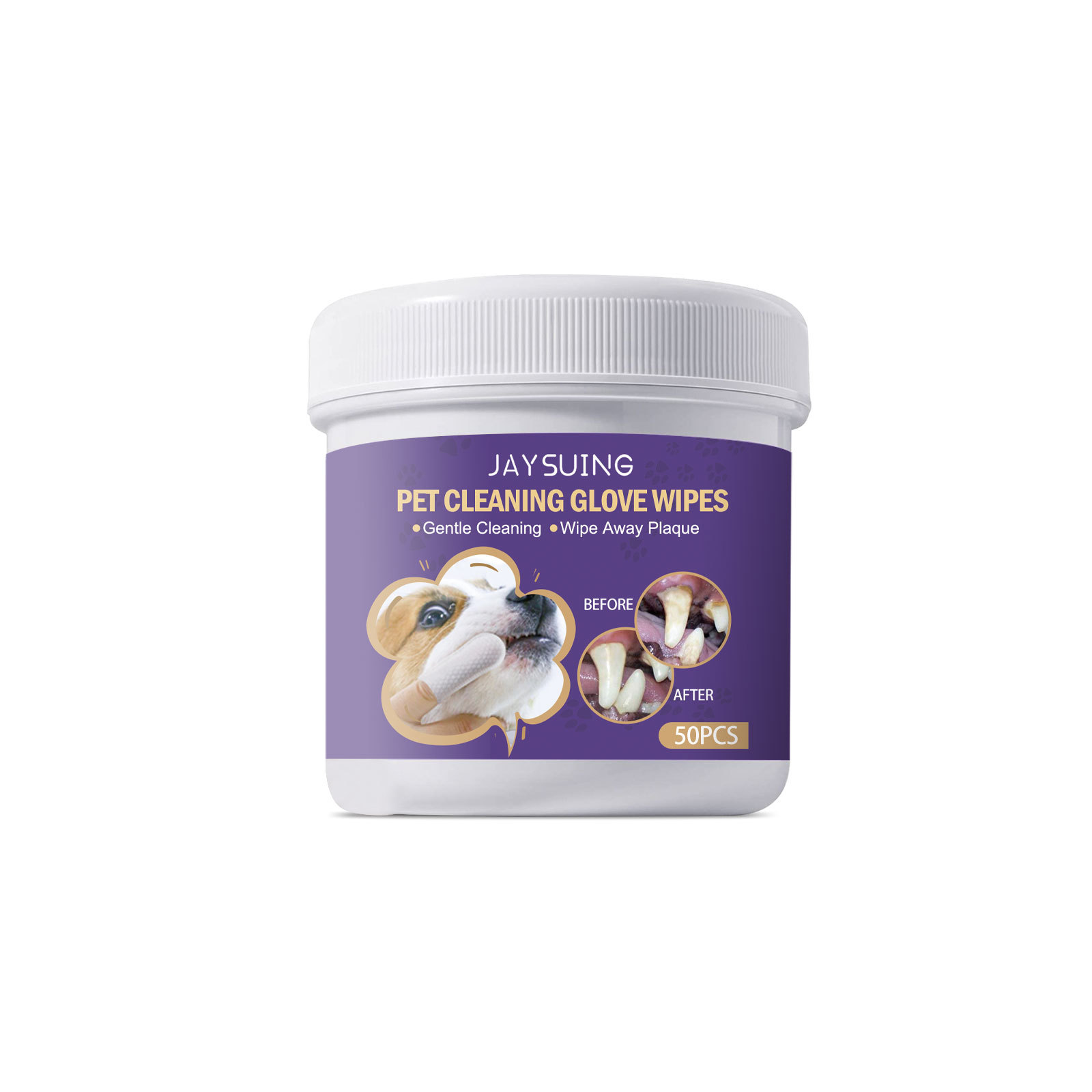 Resealable pet dental wipes tub ready for grooming