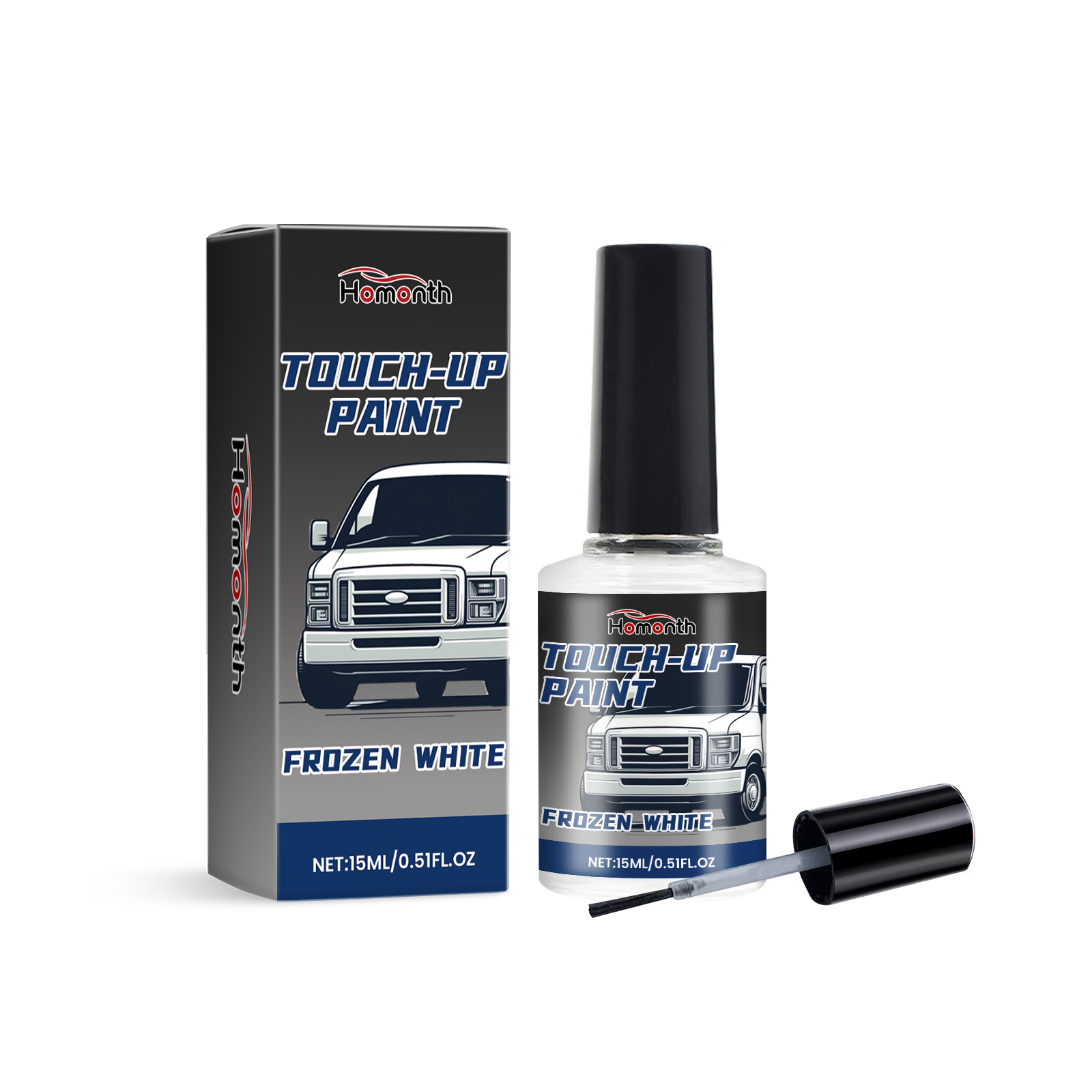 Frozen white automotive paint bottle and matching box