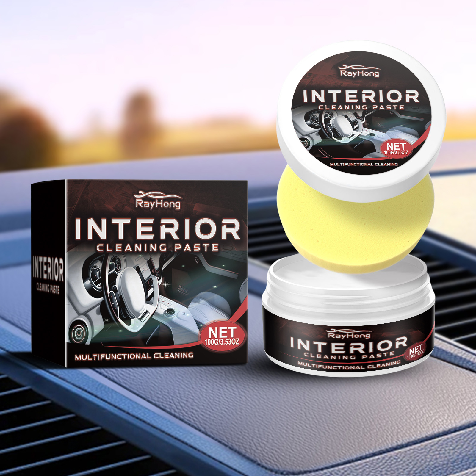 Compact cleaning paste beside car interior