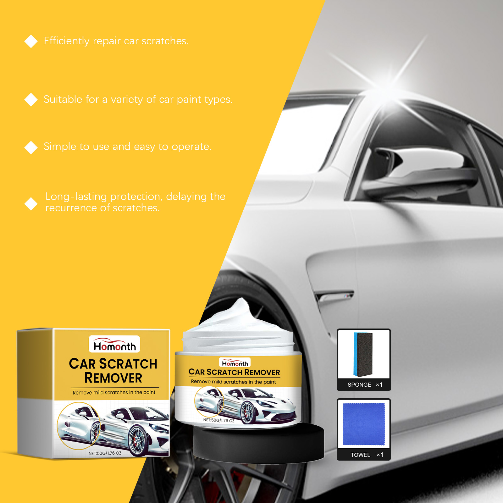 Car care towel and cream kit beside silver vehicle