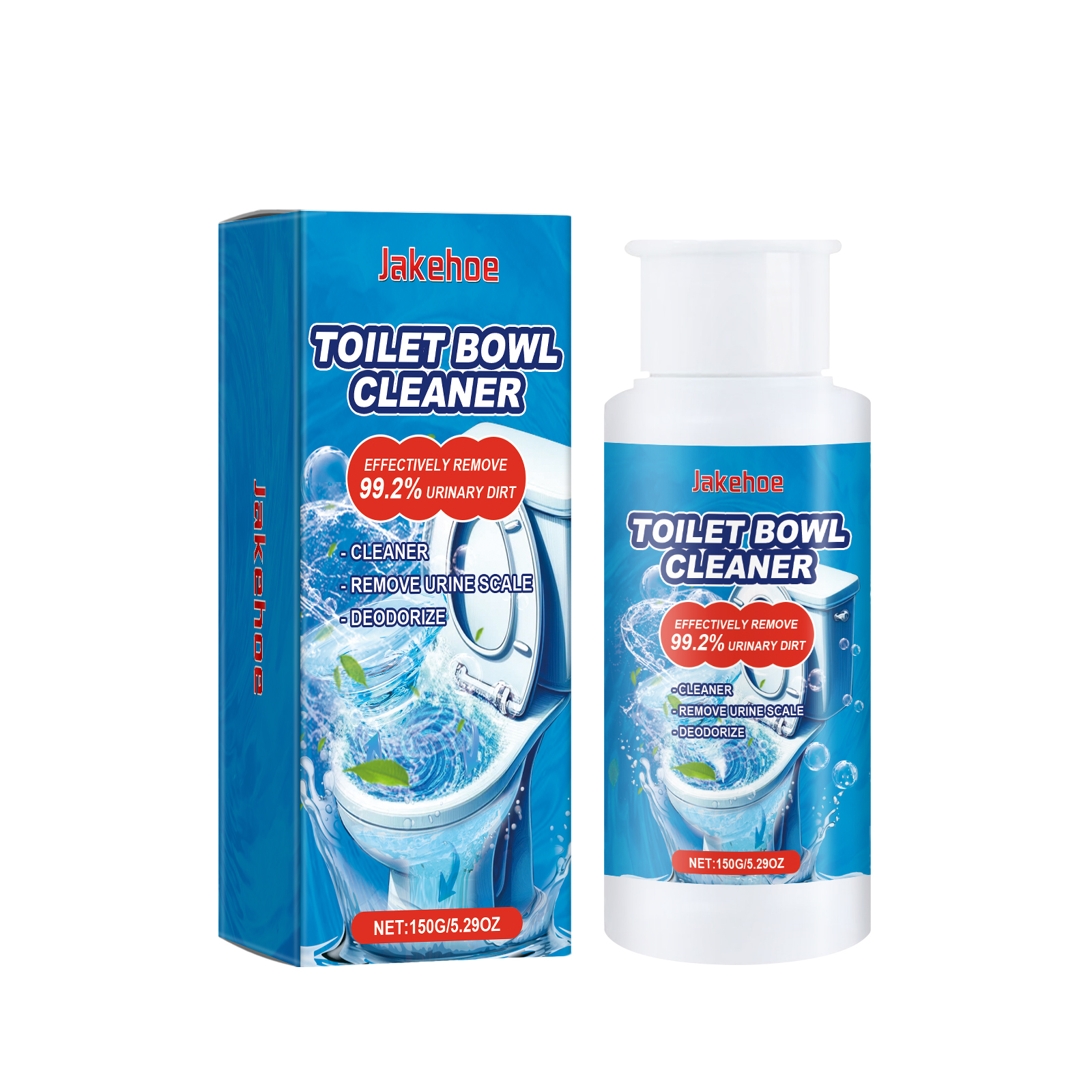 White pump bottle with glossy blue cleaner label