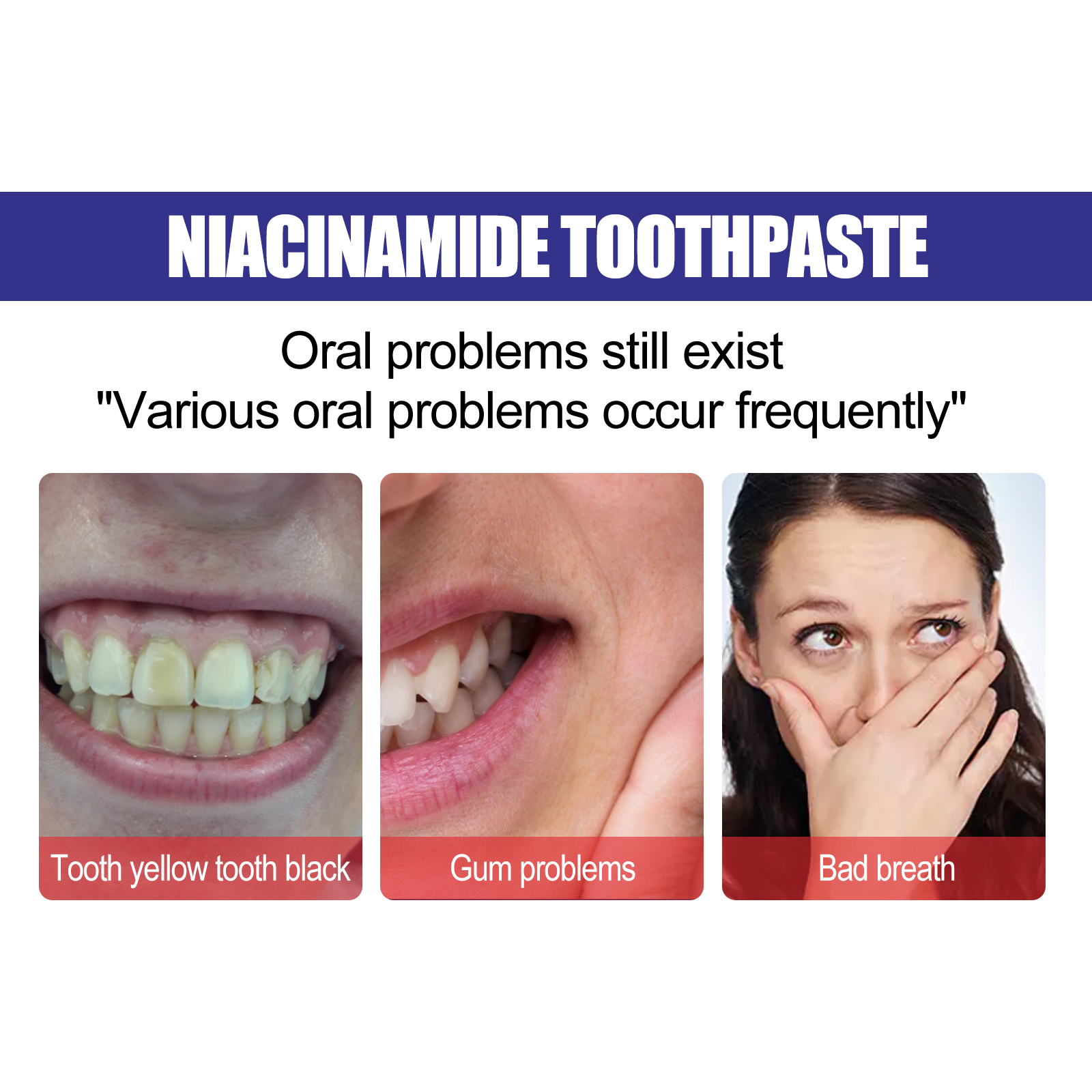 Oral-care graphic showing yellow teeth gum concerns and bad breath