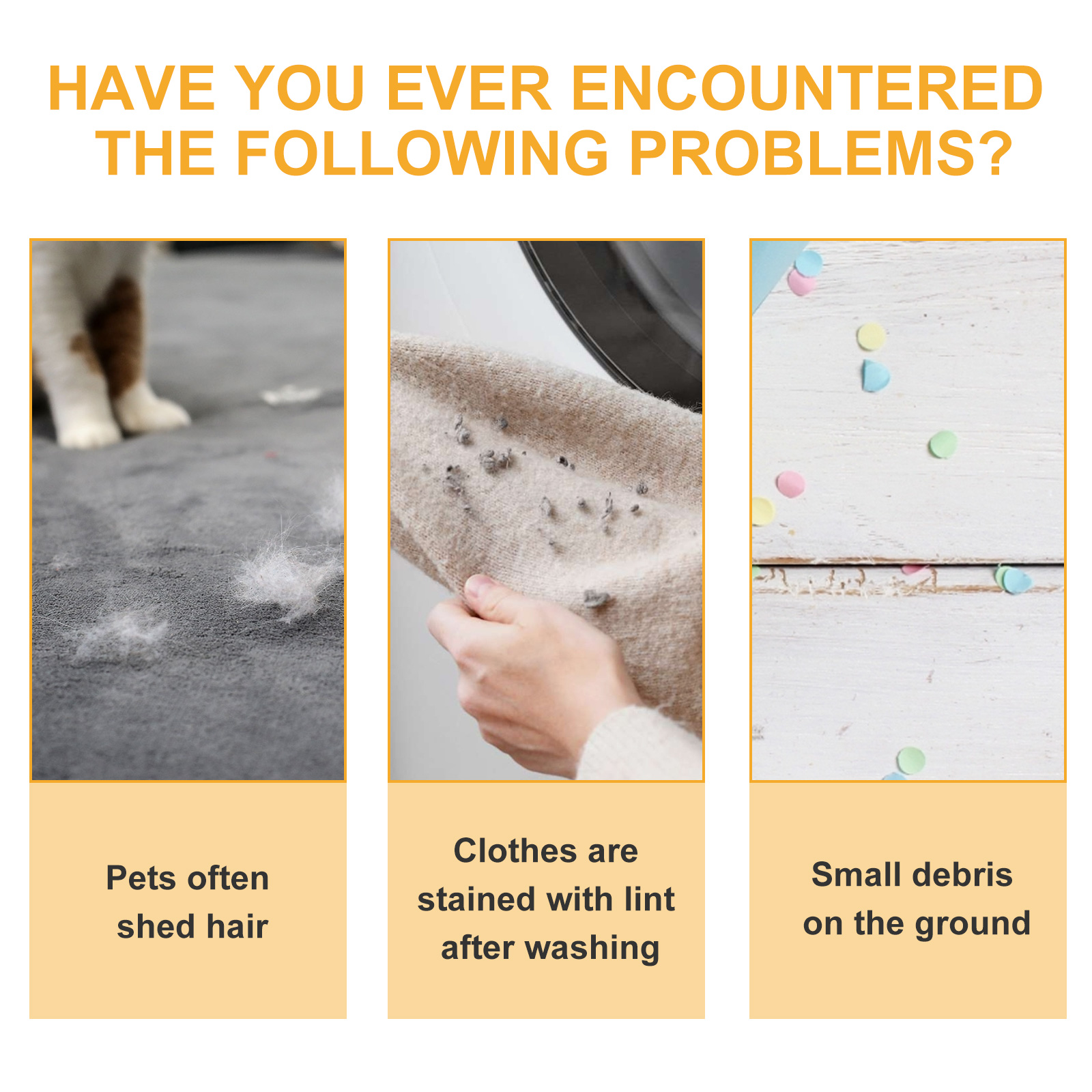 Laundry cleaning problems shown across three panels