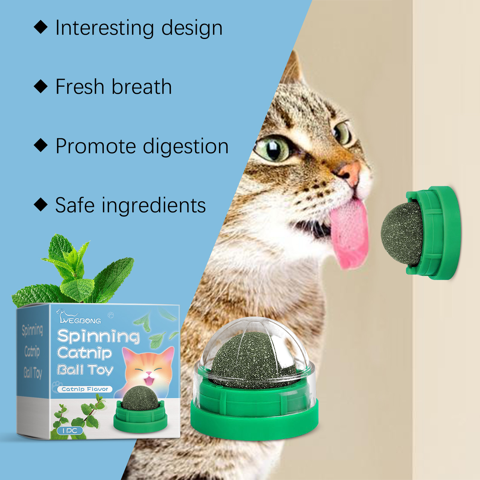 Mint-themed green cat dental toy beside fresh mint leaves