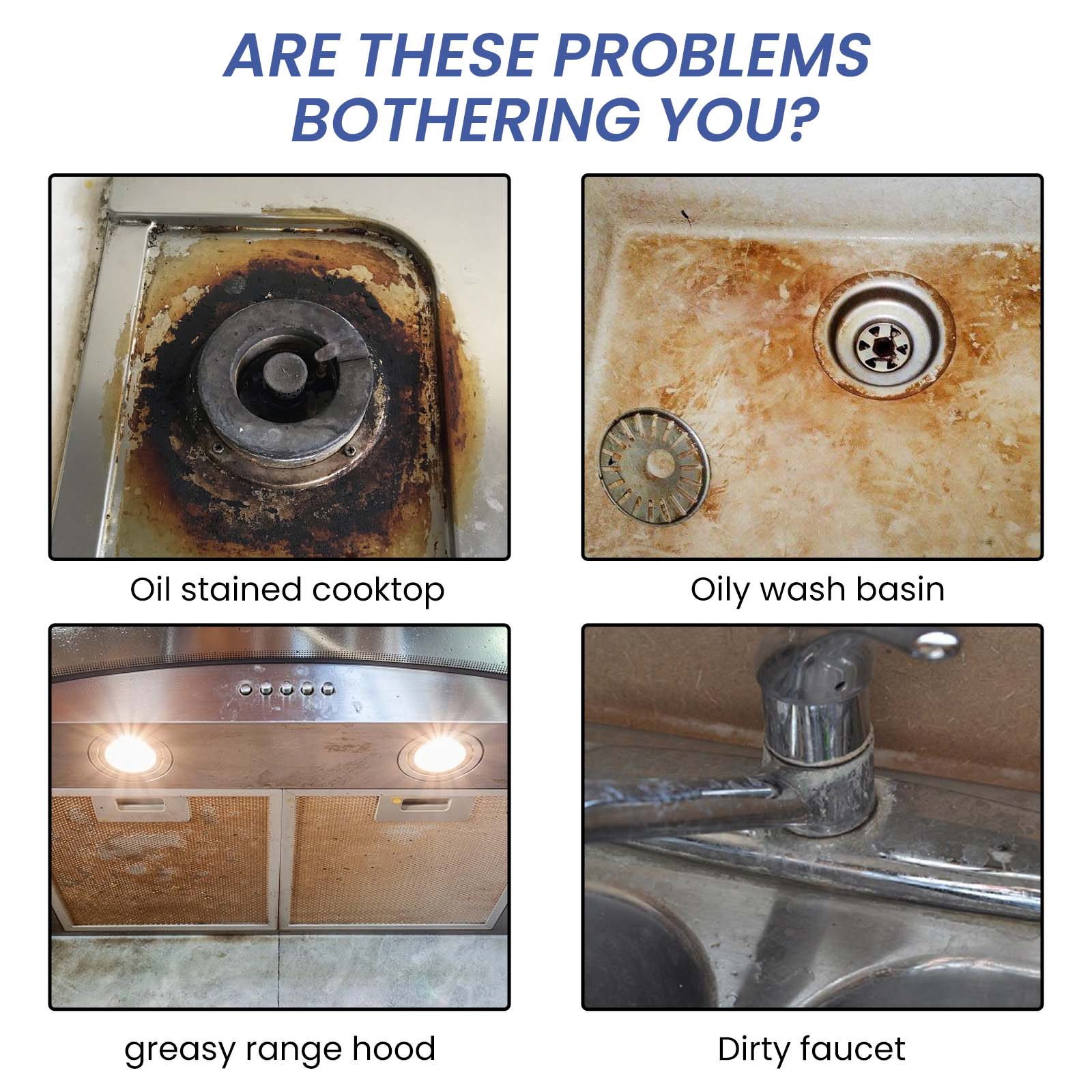 Kitchen surfaces shown with heavy grease and oil buildup
