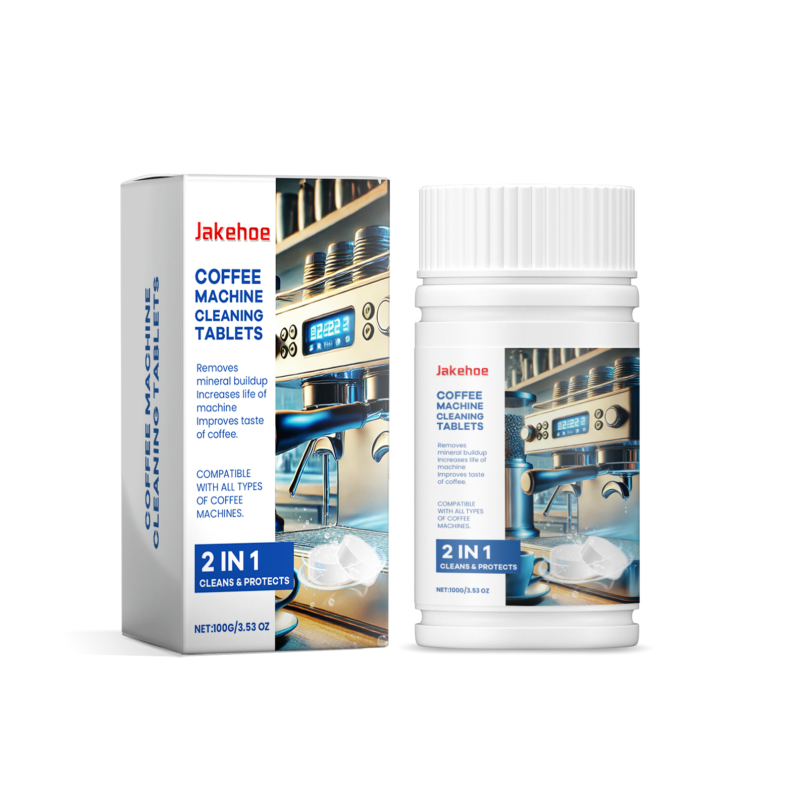 Coffee cleaning tablet bottle and carton detail