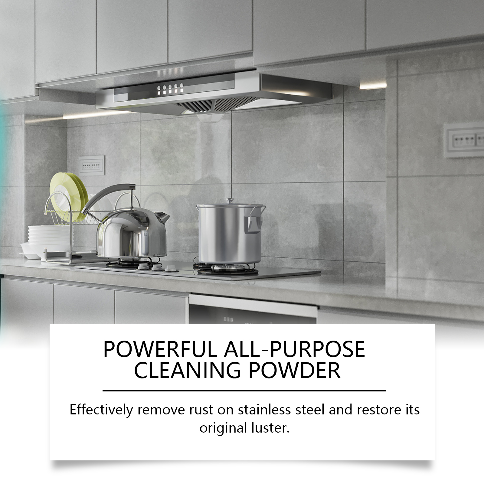 Cleaning powder beside stainless steel appliance