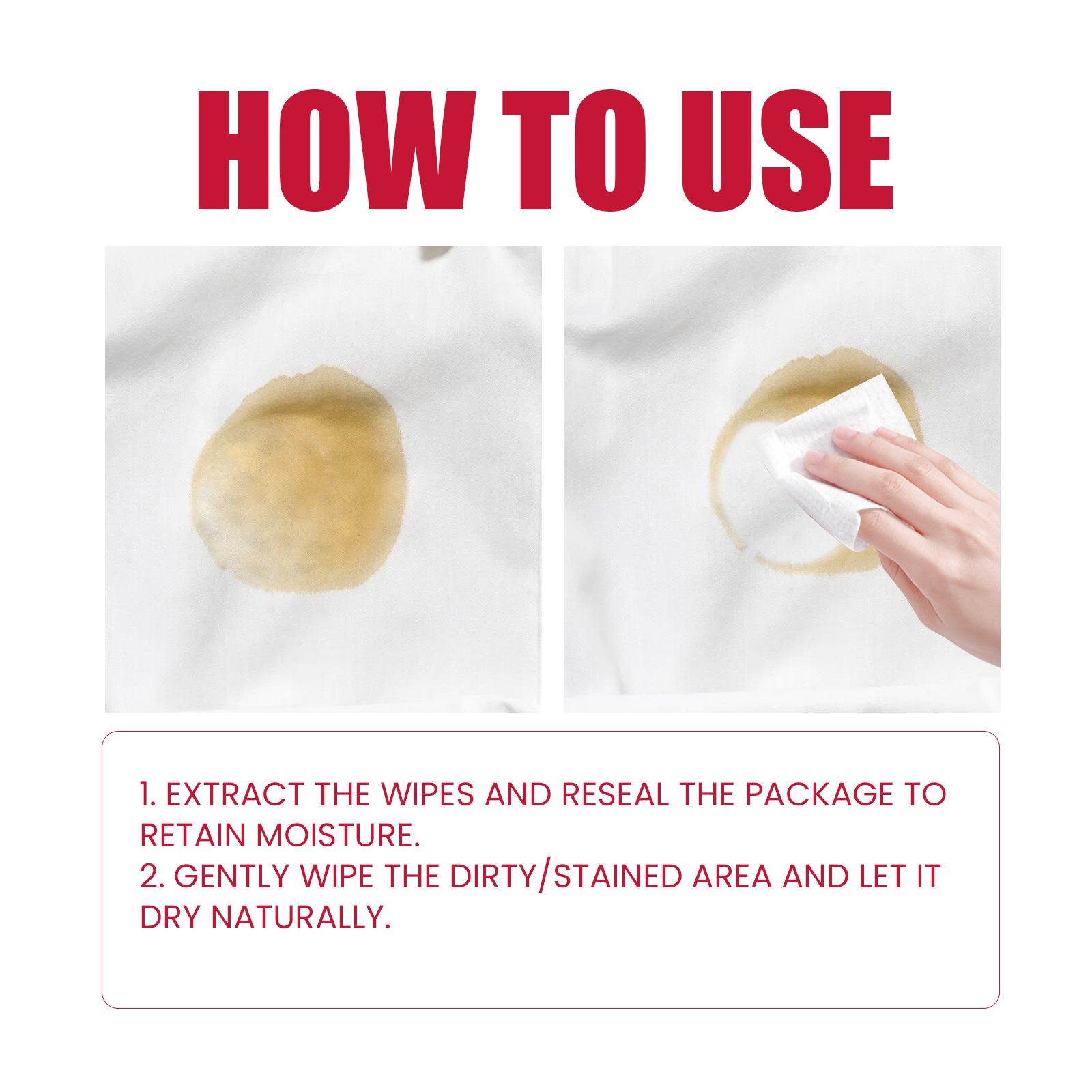 Resealable stain wipe package shown during use